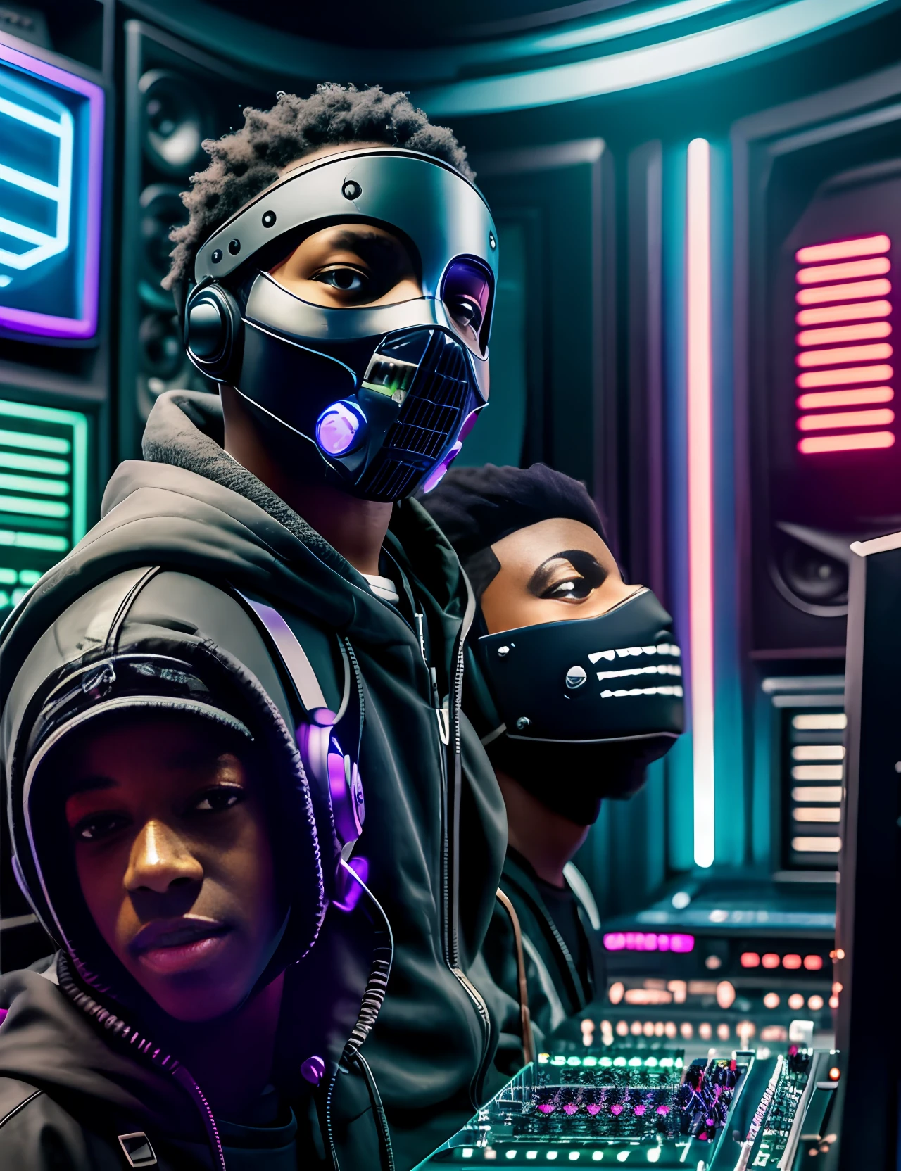 3 Black boy wearing mask in a cyberpunk music studio wisky computer --auto --s2