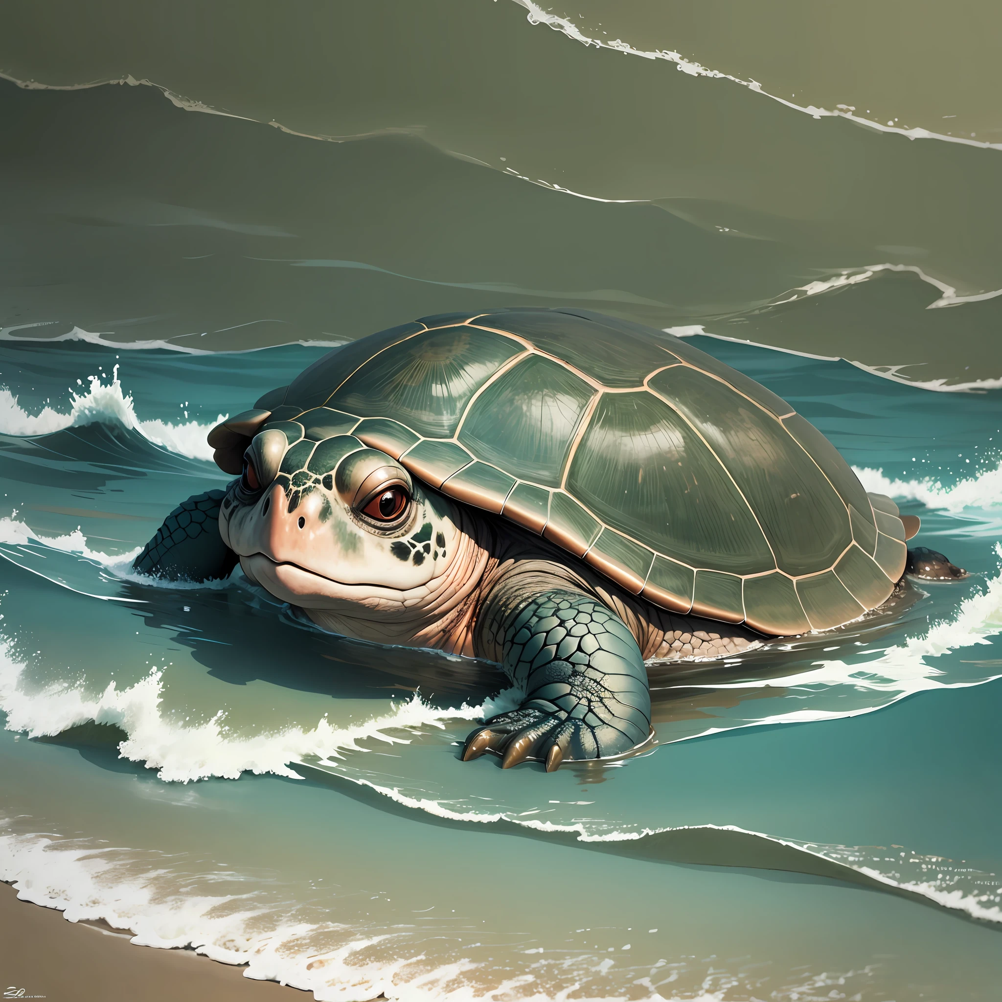 There is a turtle, she observes sad garbage in the ocean, melancholy, low lighting --auto --s2