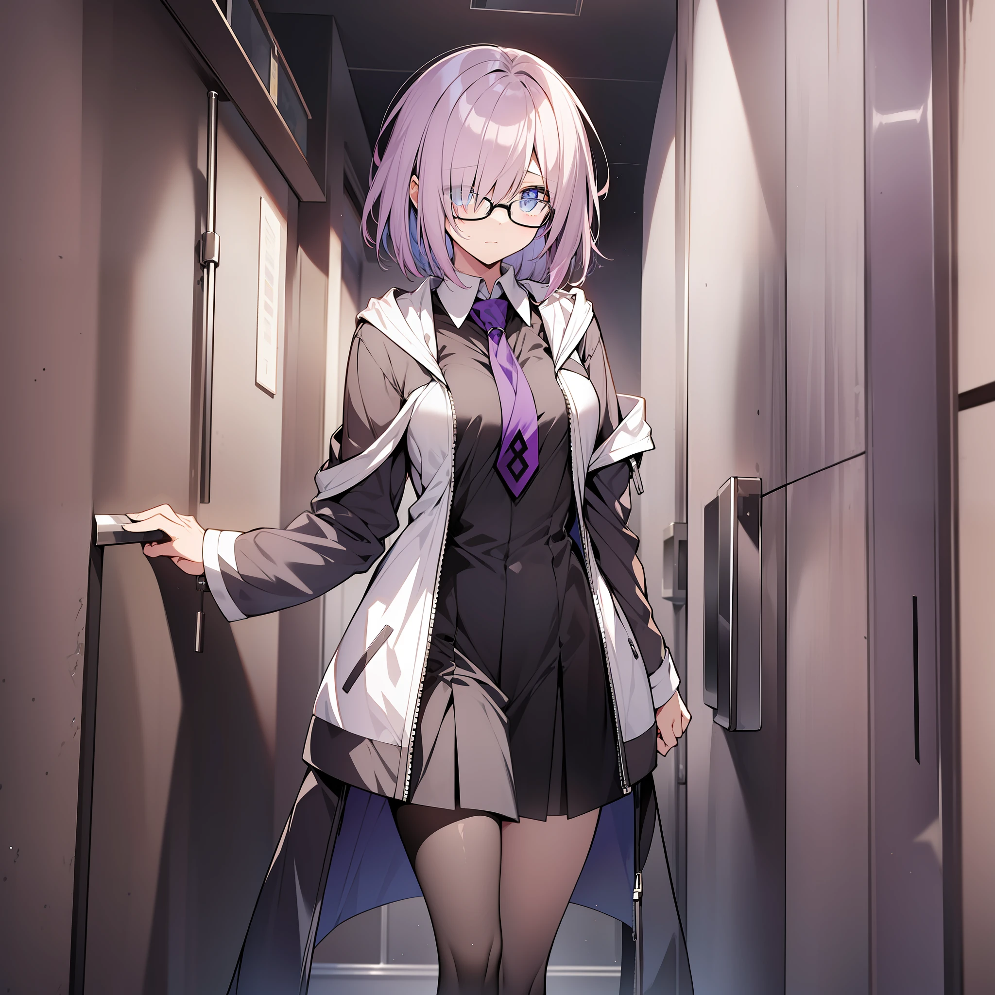 ((mash kyrielight standing in a hallway)), lilac hair, blue eyes, glasses, white jacket, black slacks, brown skirt, serious expression
