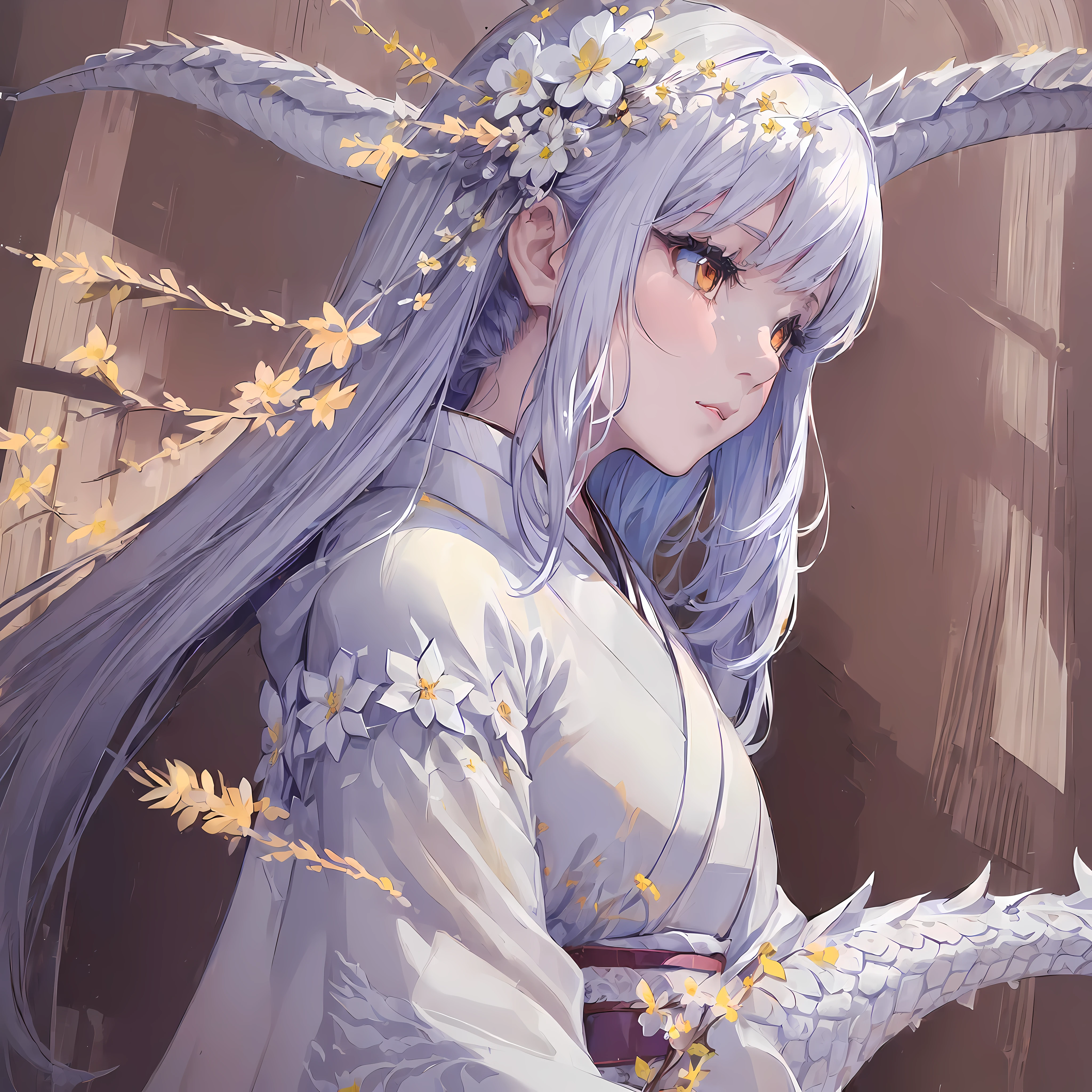 ((1 girl wearing flowery white kimono:1.4) & (long black hair with bangs:0.8)), (dramatic lighting:0.7), amazing cinematic composition with amazing art, (an amazing white dragon, thoroughly illustrated:1.4), deep shadows and strong contrast.
