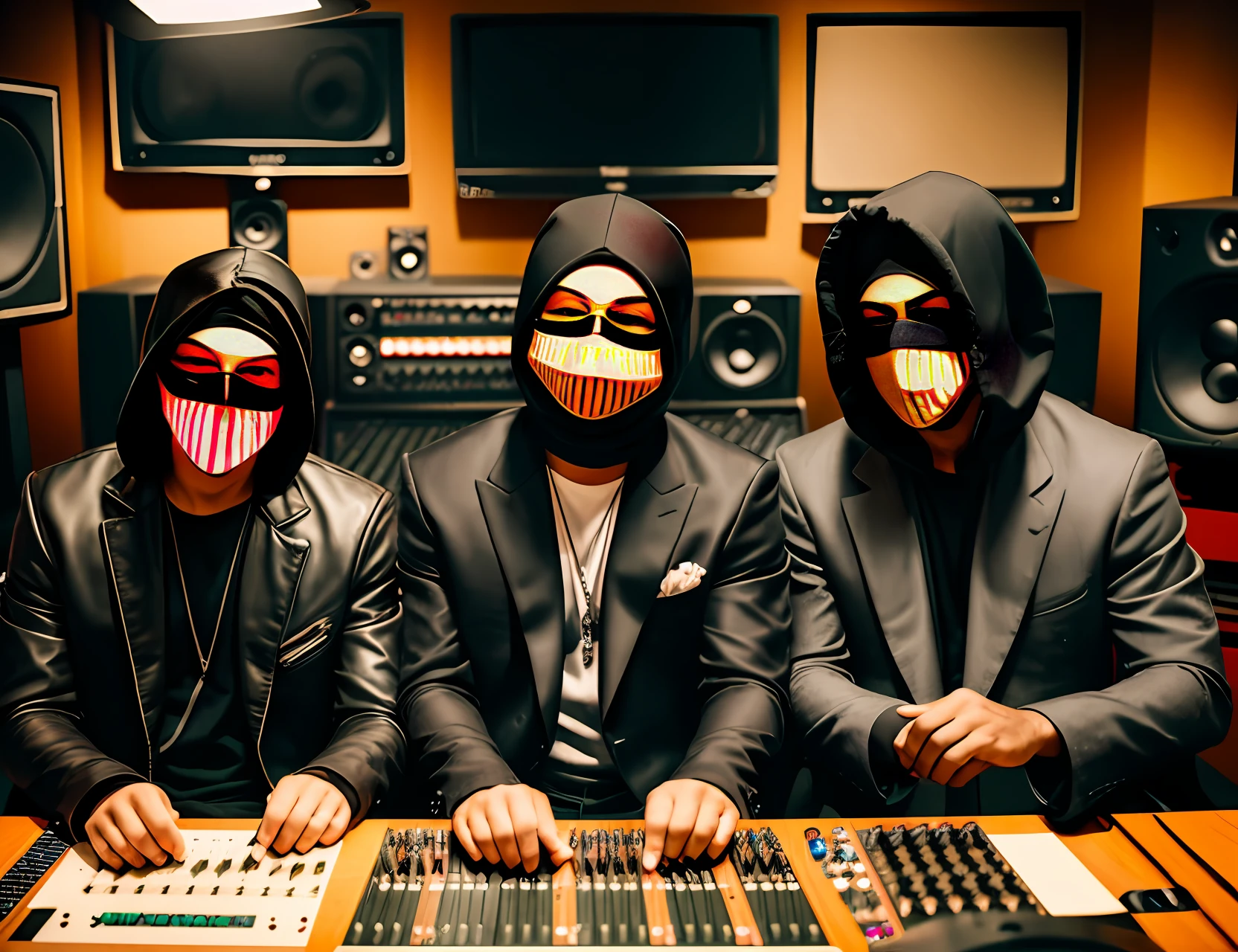 3 gangsters in a music studio wearing masks with lots of money --auto --s2