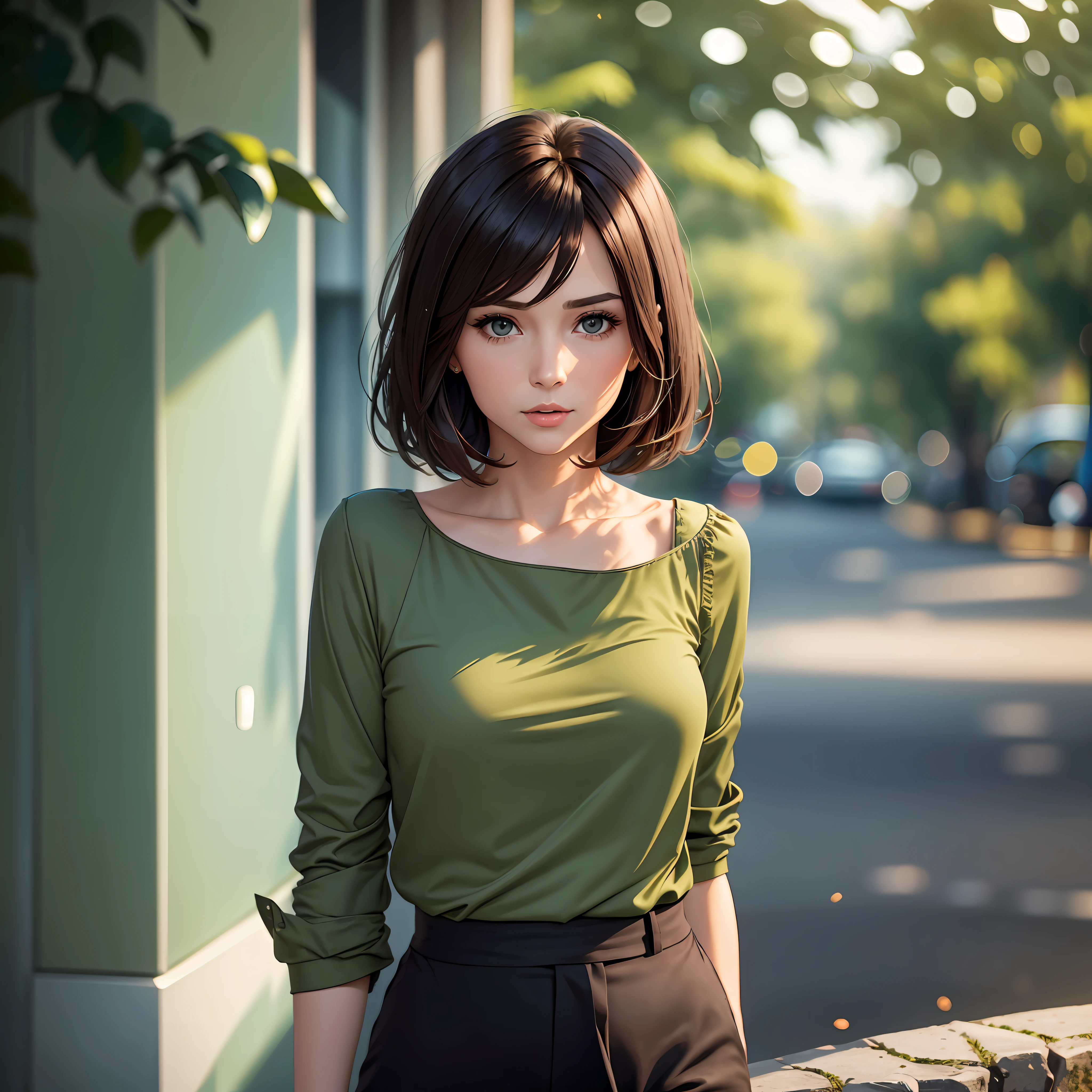 /imagine a brunette woman, well dressed, with short shoulder-length hair, in a green sleeve shirt. --w 600 --h 300 --auto --s2