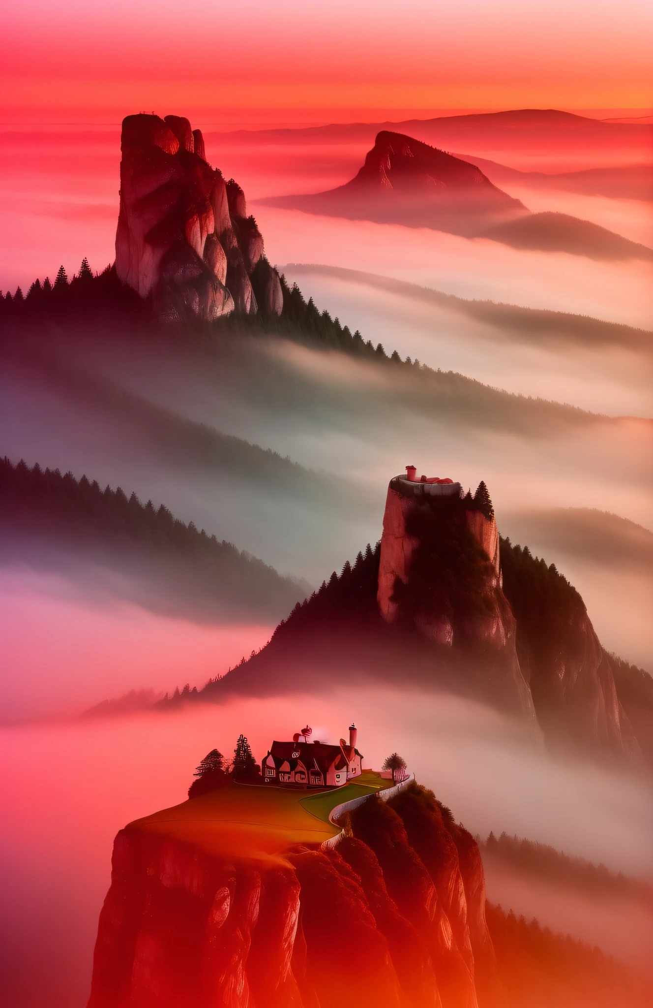 A wonderland on earth, locked peaks and cliffs, thick fog, sunset dyed red sky, colorful clouds.