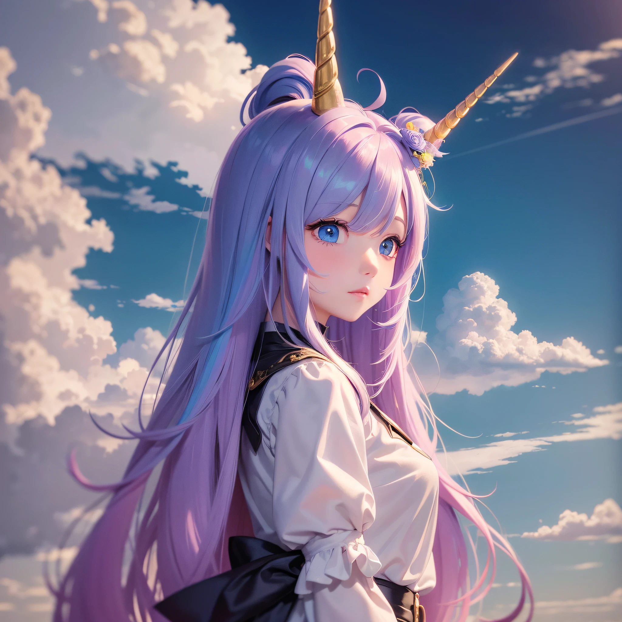 Masterpiece, best quality, {best quality}, {{masterpiece}}, {highres}, {{unicorn}}, {{unicorn in the clouds}}, drawing, 2d digital drawing, anime, 1girl, anime girl, adult, with unicorn horn, exotic, long hair, colored hair, heterochromia, colors, colorful, blue sky --auto --s2