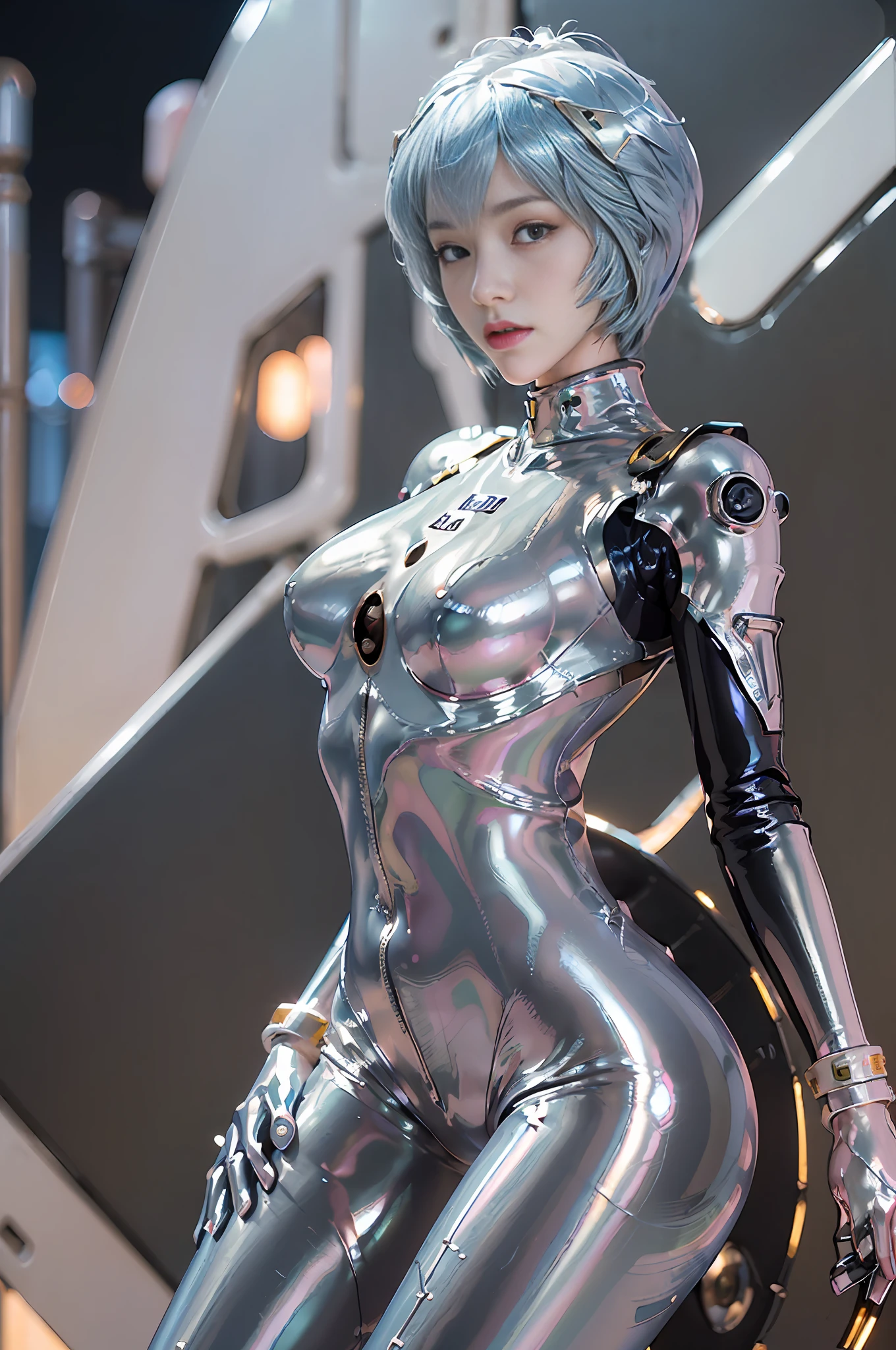 Masterpiece,NSFW1.1,((Whole body:1.1))))), (Realistic),Photos, Best Quality, 1 female,((Tall:1.1))),Ear fold,(((Rei Ayanami, Plug Suit 00:1.1))),((Red Eyes,Beautiful Face, Beautiful Eyes:1.1)))), (((Cute Face)), Wet Eyes, Face,Detail Face, Detail Lips, Detail Eyes, (Thin and Sharp Pale Eyebrows :1.1 long eyelashes), double eyelids, (seductive smile), ((gentle look, fleeting expression)),(turning around pose), sexy buttocks, (rubber suit with strong metallic luster and smooth surface), (((((Sexy tight metallic shiny latex suit)))), (two thick black lines from thigh to buttocks: 1.1))), (movie lighting: 1.1), From below, (upright), (camelt), (smooth body line)), pale short hair, (((pale and thin eyebrows)), beautiful hair, (large round breasts), small logo pattern on the chest is zero: 1.1, mecha suit, thin long waist, white skin, advanced cyberpunk research facility,(Magnificent midnight starry sky in the background: 1.5, magnificent big full moon in the background, spaceship in the background)))), ( Face and eye details: 1.1), loneliness, blushing, (shy pose)), very delicate and beautiful girl, standing, ((holding hands on pose)), (legs closed pose)), (to8 contrast style), small egg-shaped psychosensory device on both sides of the head