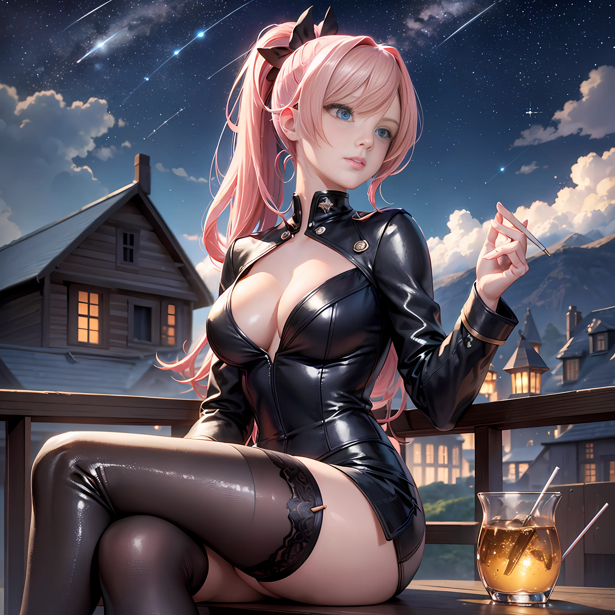 1 female, (masterpiece, highest resolution, highest quality, Unreal Engine: 1.5), realistic two-dimensional, well-formed face, beautiful eyes, beautiful body, ultra-detailed hands_fingers, medium breasts, cleavage, {long pink hair_ ponytail}, black shirt, black suit, heels, character close-up, countryside, old house, night, beautiful starry sky, 2 shooting stars, looking up at the sky, sitting, crossing legs, {1 cigarette, between index and middle fingers pinch}, {smoke from mouth}