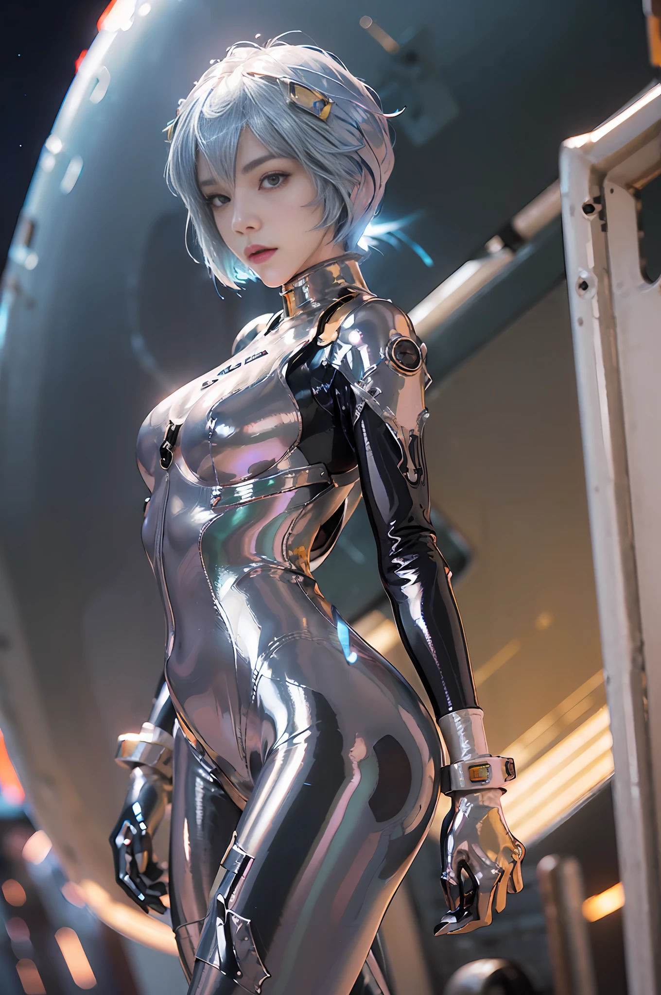 Masterpiece,NSFW1.1,((Whole body:1.1))))), (Realistic),Photos, Best Quality, 1 female,((Tall:1.1))),Ear fold,(((Rei Ayanami, Plug Suit 00:1.1))),((Red Eyes,Beautiful Face, Beautiful Eyes:1.1)))), (((Cute Face)), Wet Eyes, Face,Detail Face, Detail Lips, Detail Eyes, (Thin and Sharp Pale Eyebrows :1.1 long eyelashes), double eyelids, (seductive smile), ((gentle look, fleeting expression)),(turning around pose), sexy buttocks, (rubber suit with strong metallic luster and smooth surface), (((((Sexy tight metallic shiny latex suit)))), (two thick black lines from thigh to buttocks: 1.1))), (movie lighting: 1.1), From below, (upright), (camelt), (smooth body line)), pale short hair, (((pale and thin eyebrows)), beautiful hair, (large round breasts), small logo pattern on the chest is zero: 1.1, mecha suit, thin long waist, white skin, advanced cyberpunk research facility,(Magnificent midnight starry sky in the background: 1.5, magnificent big full moon in the background, spaceship in the background)))), ( Face and eye details: 1.1), loneliness, blushing, (shy pose)), very delicate and beautiful girl, standing, ((holding hands on pose)), (legs closed pose)), (to8 contrast style), small egg-shaped psychosensory device on both sides of the head