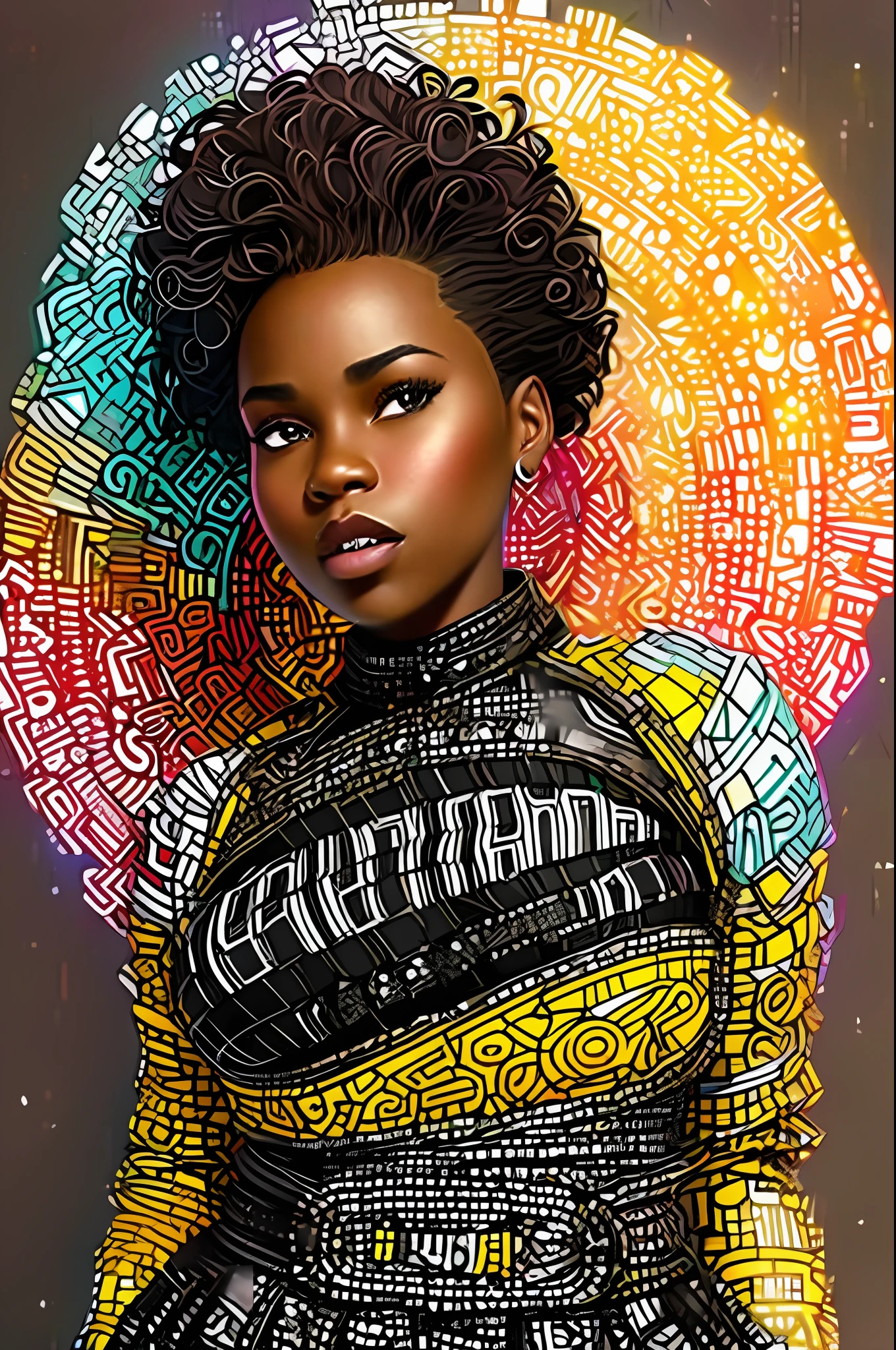 (pixarstyle:1.25) a waist-length portrait of a black punk girl in a leather jacket, african goddess jiggly fat round belly voluptuous body, luxuriant afro-textured messed rainbow hair, dark skin, heterochromia eyes, really curly hair, dark skin, round belly voluptuous body, choker, natural skin texture, 4k textures, hdr, intricate, highly detailed, sharp focus, cinematic look, hyperdetailed