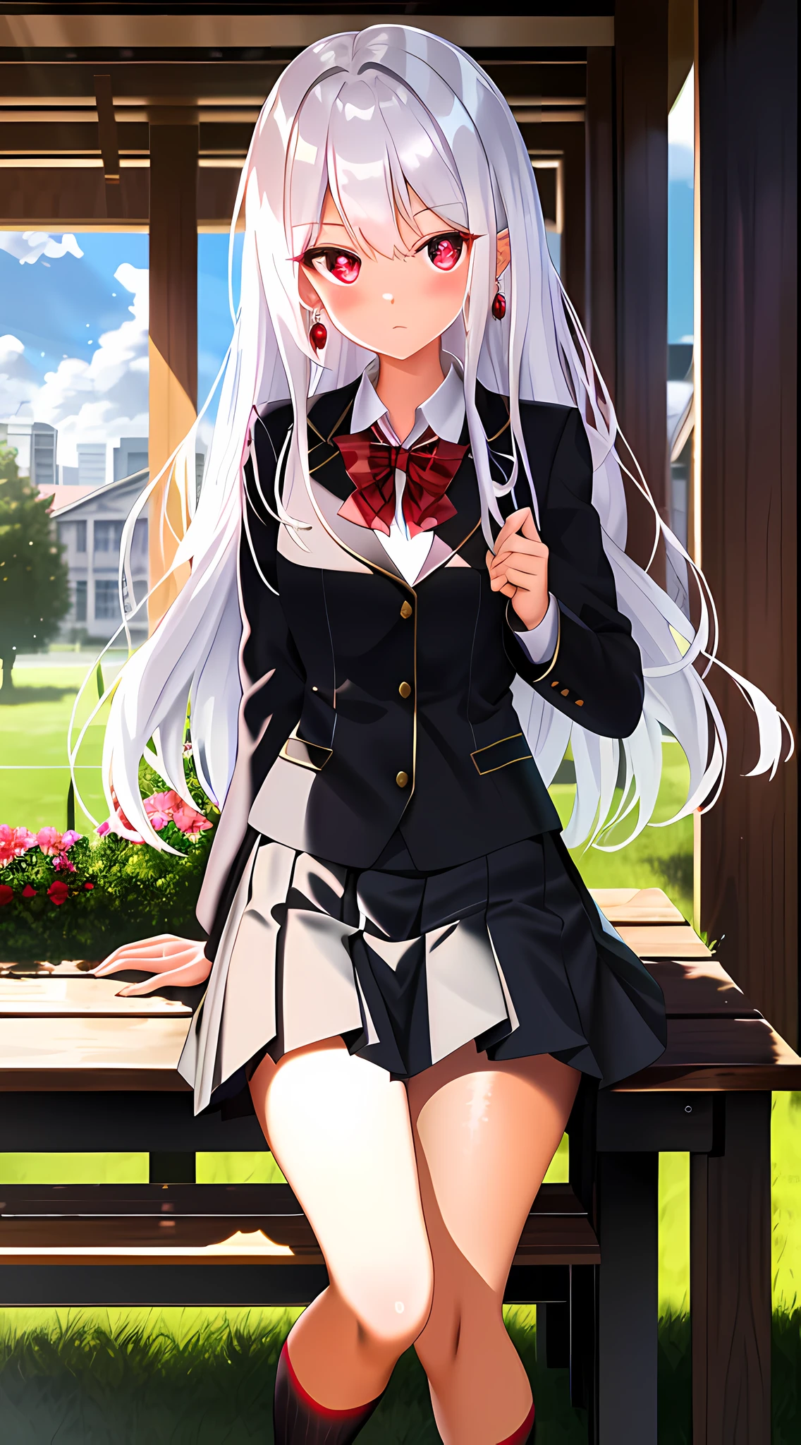(masterpiece, reflections, atmospheric lighting, dynamic lighting), best quality, 1girl, white hair, luscious long semi-curly hair, deep ruby red eyes, glowing red cat eyes, sharp black cat iris eyes, delicate fingers, delicate legs, blushing, standing up, red gem dangling earrings, summer school uniform, preppy school uniform, black school jacket, white school shirt, black checkered school skirt, black knee high socks, brown school shoes, summer, sun rays, wooden bench with moss growing on it, grass field with flowers