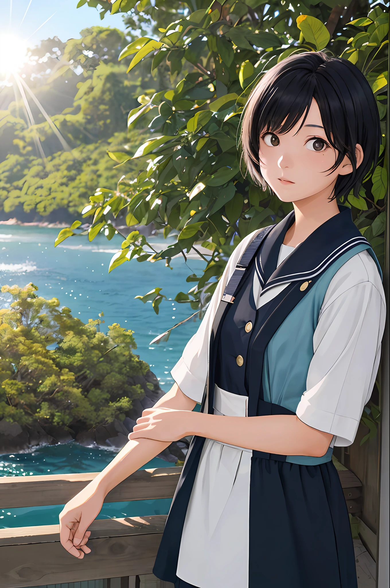 Kai Kokoai, STU48 Single Favorite Person Costume, Short Hair, Black Hair, One Girl, 18 Years Old, Best, Photography, Realistic, Best Quality, Adopted, Detailed Face, Strong Sunlight, Sea, Embankment, Detailed Background, Diffuse Sunlight, Depth of Field, Bokeh