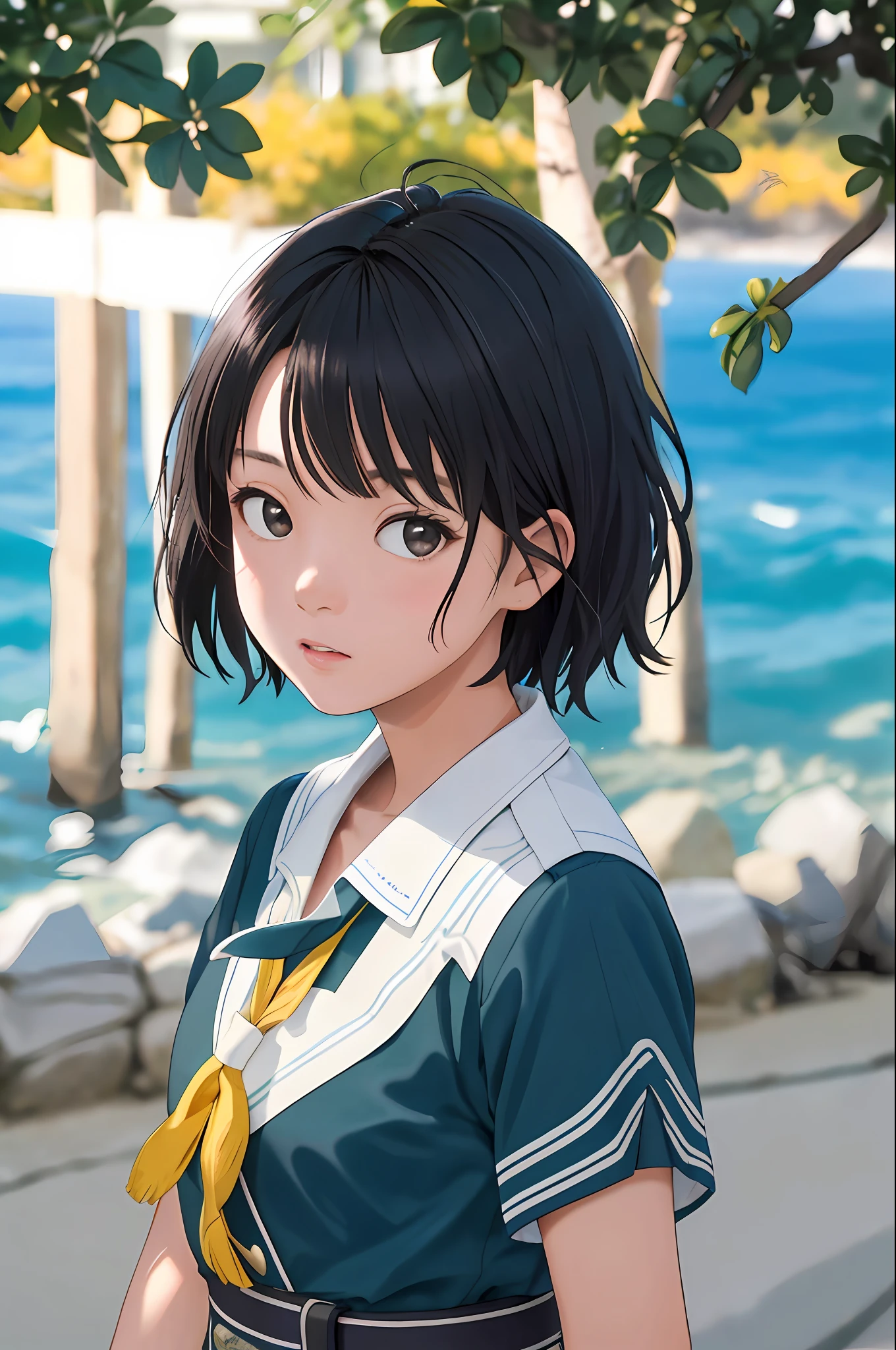 Kai Kokoai, STU48 Single Favorite Person Costume, Short Hair, Black Hair, One Girl, 18 Years Old, Best, Photography, Realistic, Best Quality, Adopted, Detailed Face, Strong Sunlight, Sea, Embankment, Detailed Background, Diffuse Sunlight, Depth of Field, Bokeh