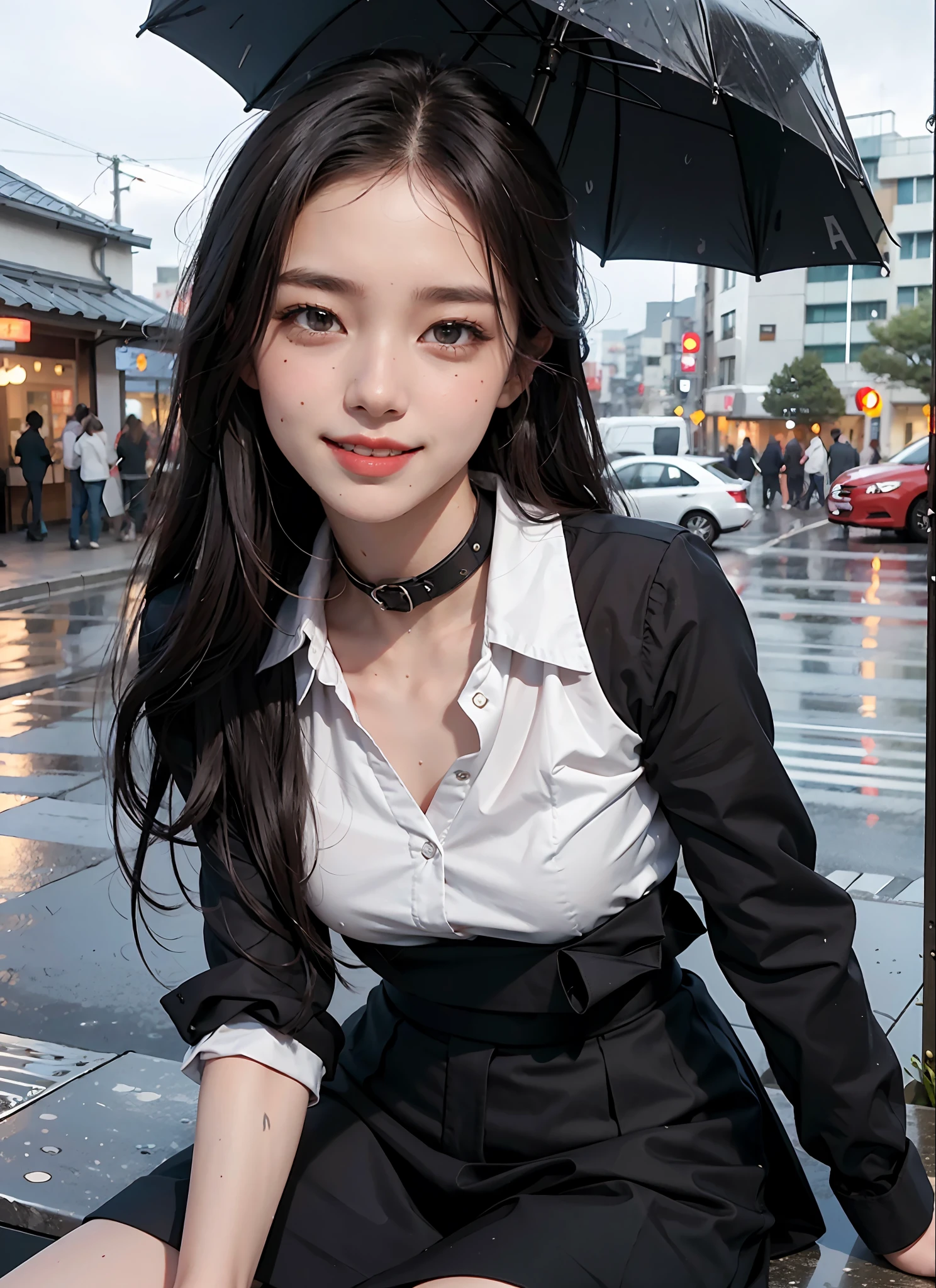 8K, top quality, masterpiece: 1.2), super detailed, 1 girl, cute, independent, beautiful detail sky, detail café, night, sitting, date, (red nose), sweet smile, (smile: 1.15), (silently) small breasts, small beautiful detail eyes, Japan person, (collar shirt: 1.1), black and white business clothes, night, wet, business dress, rain, long hair, brunette, flowing hair, NovaFrog style, cat,