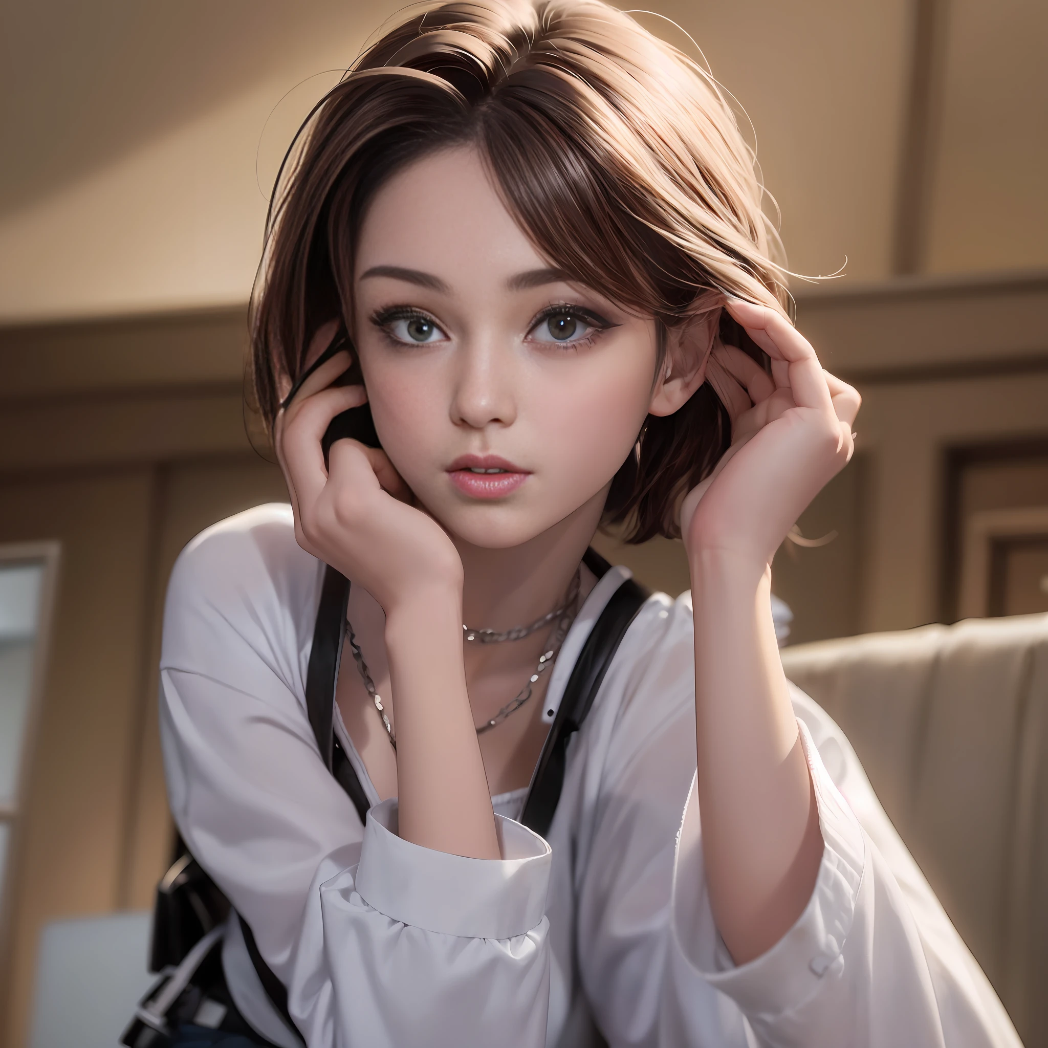 ((medium breast, tomboy girls, small head)), daylight, sunlight, (chiseled abs : 1.1), (perfect body : 1.1), (short wavy hair : 1.2) , auburn hair, collar, chain, full body shot, crowded street, wearing black tanktop, jeans jacket, ((shorts)), (extremely detailed CG 8k wallpaper), (an extremely delicate and beautiful), (masterpiece), (best quality:1.0), (ultra highres:1.0),  beautiful lighting ,perfect lightning, realistic shadows, [highres], detailed skin, ultra-detailed