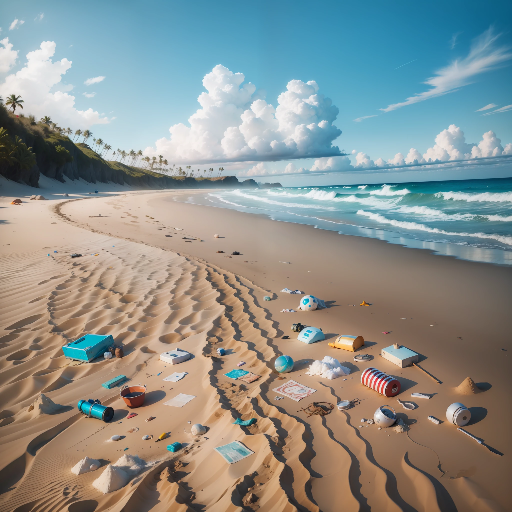 Beach with various objects and garbage scattered in the sand --auto --s2
