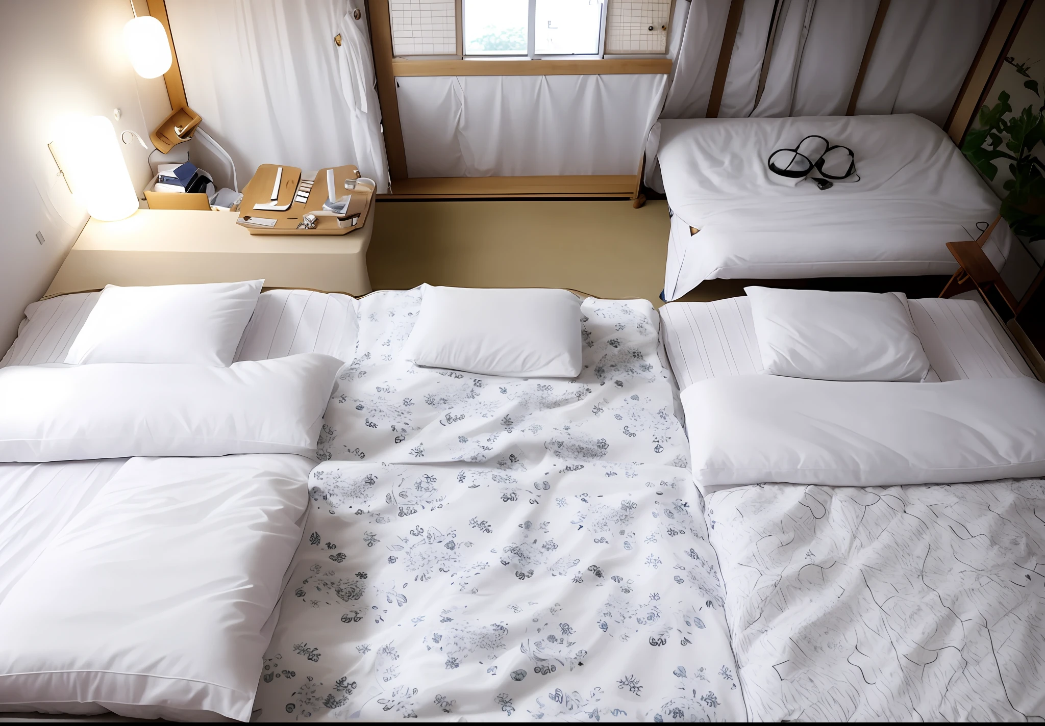 White sheet,white futon,small room with small table has 3 beds, whole room, bed, in Japanese apartment, small bed is not made, kemono, bed, right bed, bedroom, nighttime!!, small room in tokyo, night setting, summer setting, 3delight, room, good night, before dawn, one big room
