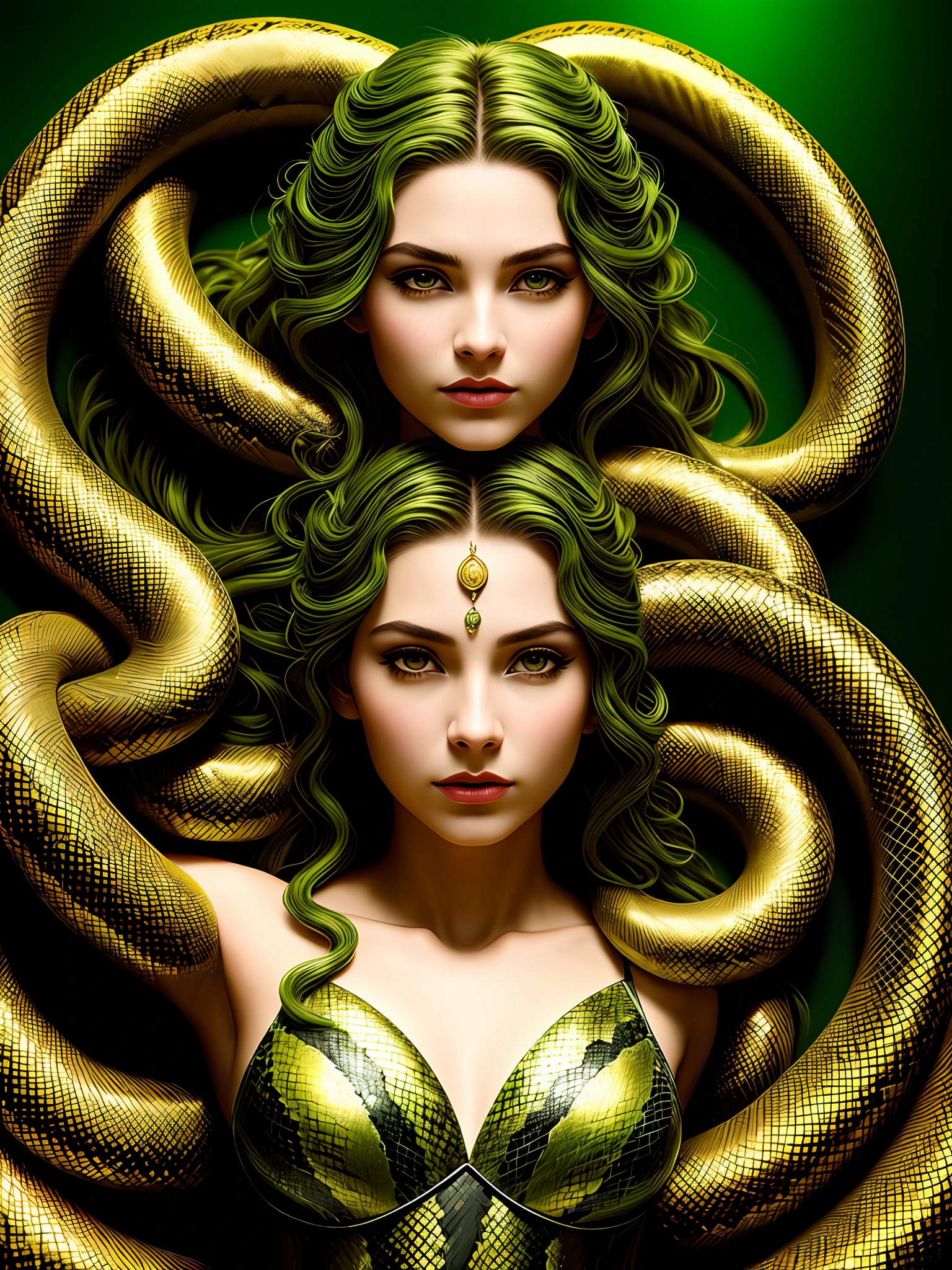 ((best quality)), ((masterpiece)), ((realistic)), Medusa, full body, the hair is composed of countless small snakes, green eyes, gold and green dressed, sexy, jewelry, metal carved top, royal aura, trend on artstation , sharp focus, studio photo, intricate detail, very detailed, detailed eye, illustration, very detailed, sharp focus, digital render, professional, 4k, true darkness, highlight on face, reflection background, half human (female, snake), energy and power,