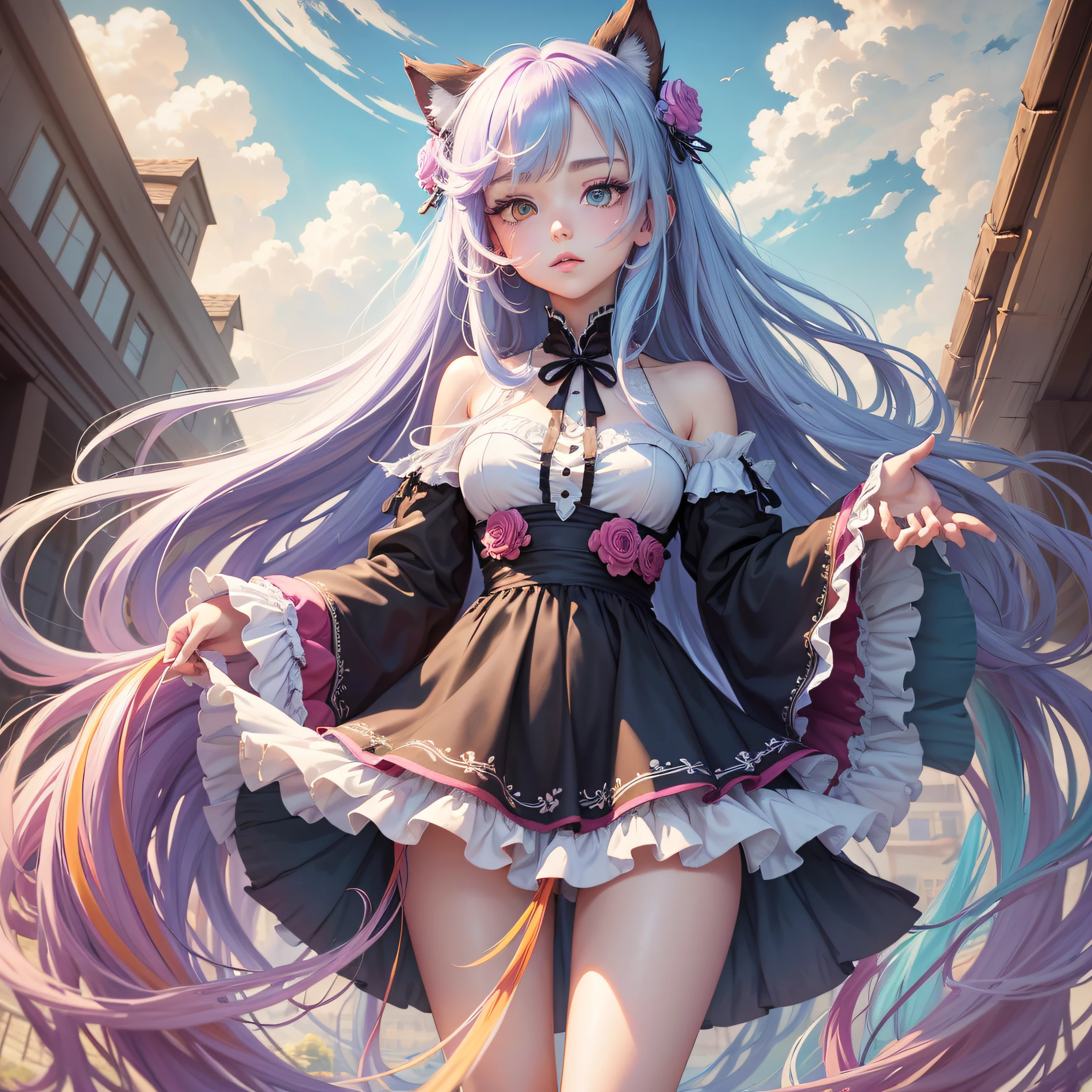 Masterpiece, best quality, {best quality}, {{masterpiece}}, {highres}, drawing, 2d digital drawing, anime, 1girl, anime girl, adult, exotic, long hair, colored hair, heterochromia, colors, colorful, sky blue --auto --s2