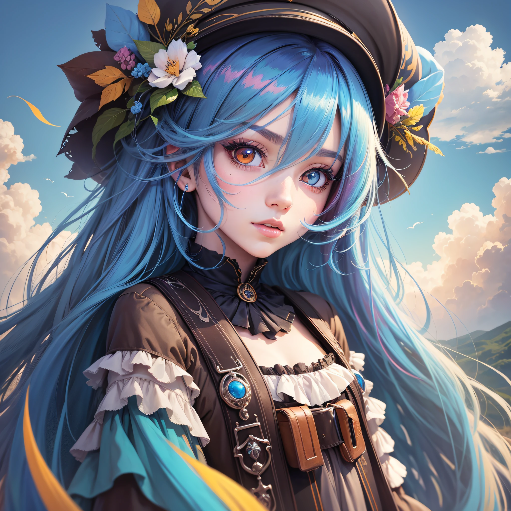 Masterpiece, best quality, {best quality}, {{masterpiece}}, {highres}, drawing, 2d digital drawing, anime, 1girl, anime girl, adult, exotic, long hair, colored hair, heterochromia, colors, colorful, sky blue --auto --s2