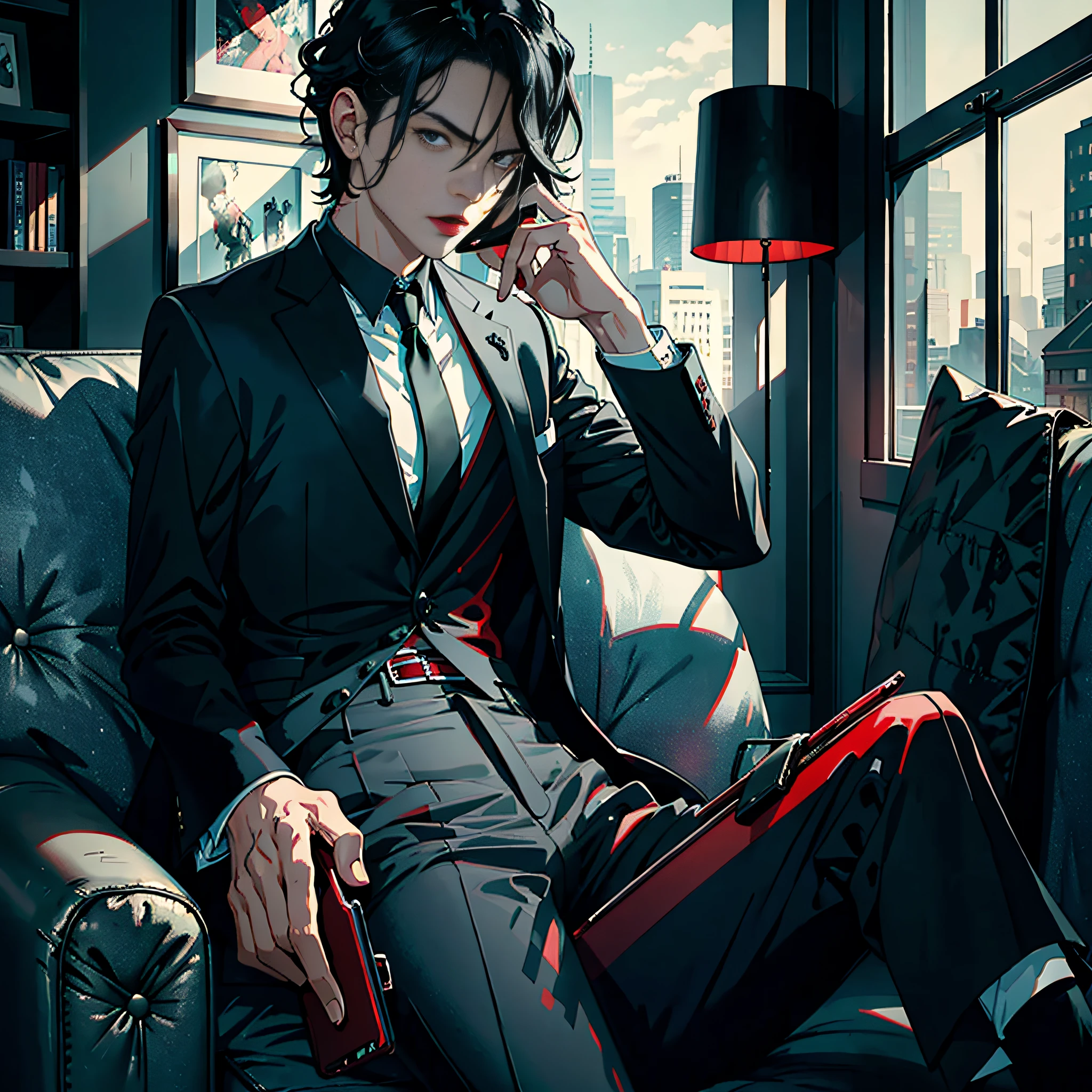1 man, sitting on sofa, holding mobile phone, black hair, black eyes, red lips, black suit, doubts, tangles, masterpieces, the best quality