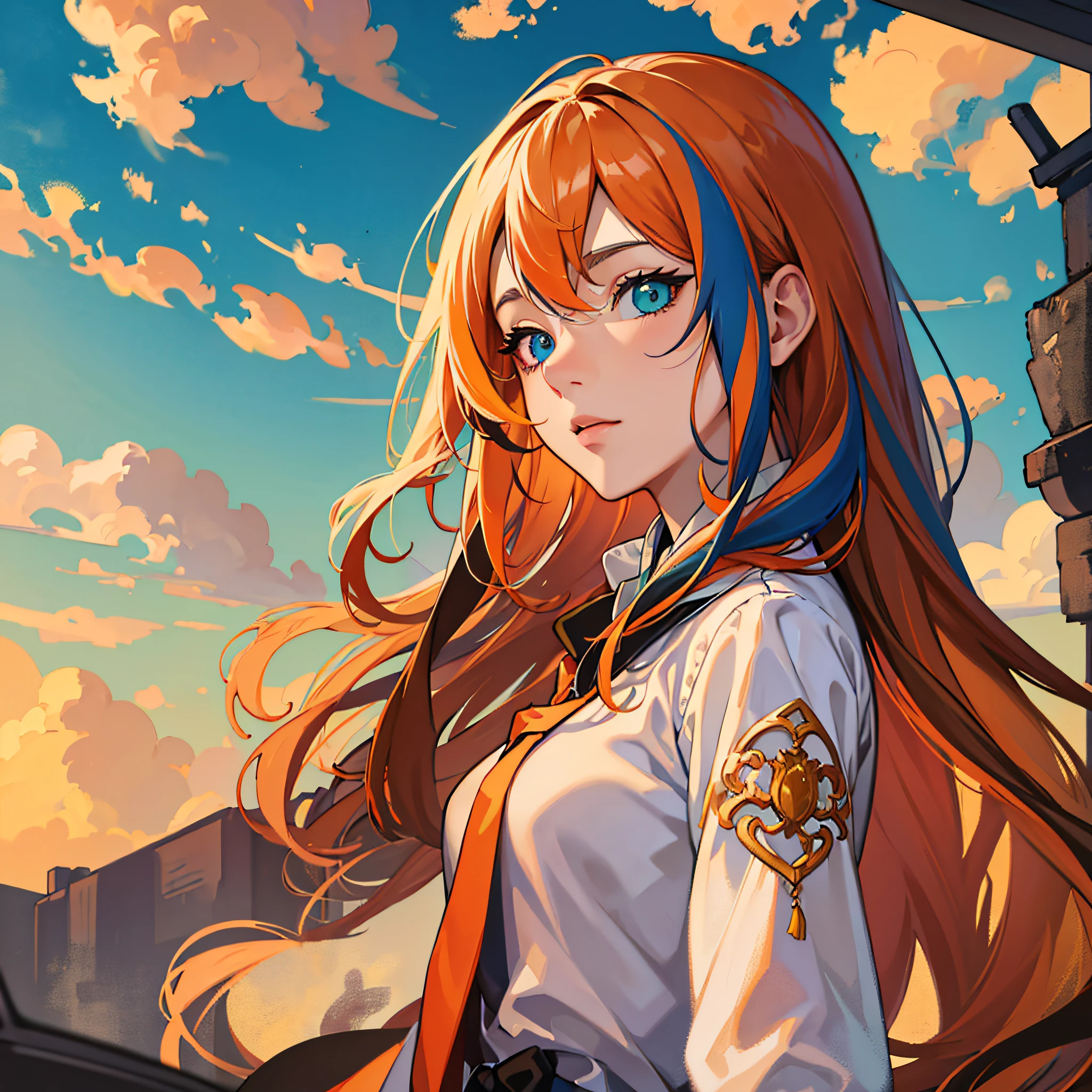 Masterpiece, best quality, {best quality}, {{masterpiece}}, {highres}, drawing, 2d digital drawing, anime, 1girl, anime girl, adult, exotic, long hair, colored hair, heterochromia, colors, colorful, orange sky --auto --s2