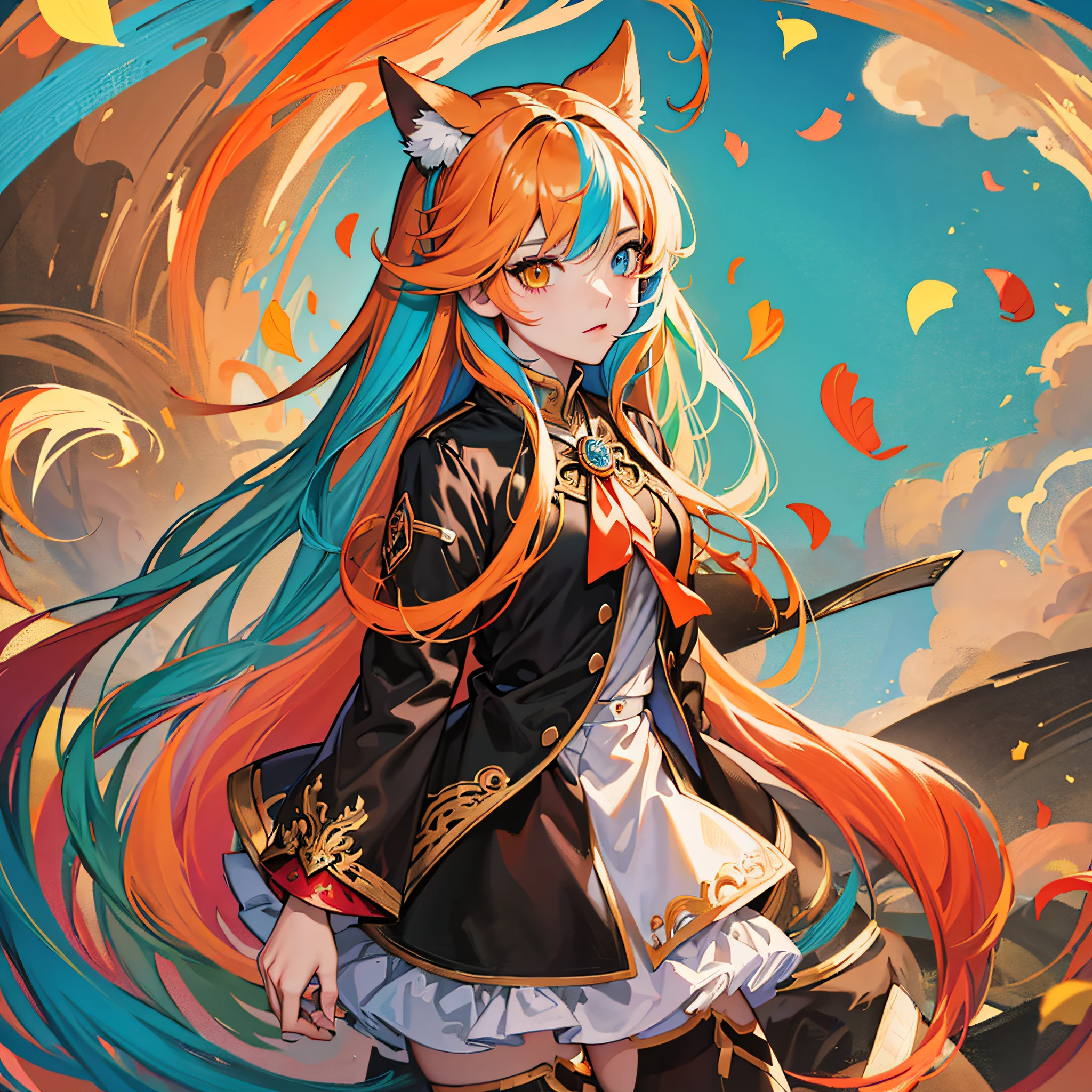 Masterpiece, best quality, {best quality}, {{masterpiece}}, {highres}, drawing, 2d digital drawing, anime, 1girl, anime girl, adult, exotic, long hair, colored hair, heterochromia, colors, colorful, orange sky --auto --s2