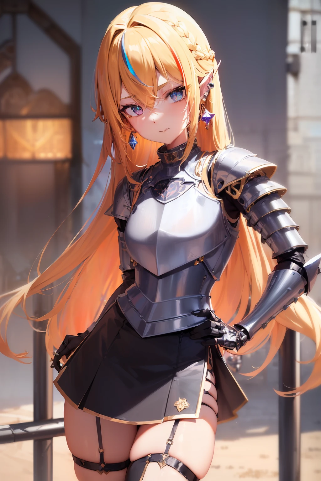 masterpiece, high resolution, best quality, UHD, super detail, award-winning, retina, 16k, (steampunk), portrait, (solo), close-up of face, (((bust))), (standing)), (upright)), ((one hand on one's waist)))), (other hand on one's thigh)))), tilt to the side, look at the audience, head tilt, ((knight-hime), mechanical wing, ((knight-hime), seductive smile, light smile, dark_persona, tiger teeth, ((long blonde hair), (streaked hair), (blonde gradient hair), red hair, hair between the eyes, very long hair, side hair, shiny hair, colored eyebrows, long hair, asymmetrical bangs, fire opal-like eyes, crimson pupils, (tsurime), long eyelashes, gradient_ eyes, beautiful detailed eyes, beautiful detailed eyes, (very fine facial features), cute face, ((fine portrayal of face)), (((small breast))), tattoos, barcodes, (petite), (slender), (slender), pointed ears, robotic arms, ((knights), mechanical wings, detached wings, mechanical wings, holographic clothes, (((steel breastplate))), ((metal skirt armor)), ((Metal Armour)), (Metal Glove), (Crystal Earrings), (Stud Earrings), (Leg Rings), Battlefield, Outdoor