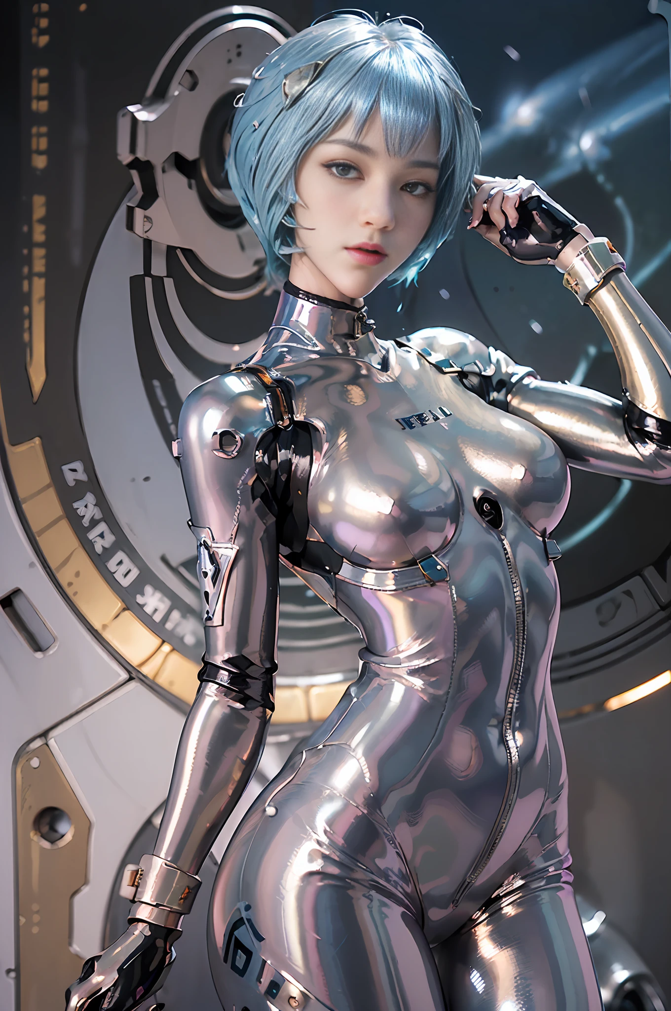 Masterpiece,NSFW1.1,((Whole body:1.1))))), (Realistic),Photos, Best Quality, 1 female,((Tall:1.1))),Ear fold,(((Rei Ayanami, Plug Suit 00:1.1))),((Red Eyes,Beautiful Face, Beautiful Eyes:1.1)))), (((Cute Face)), Wet Eyes, Face,Detail Face, Detail Lips, Detail Eyes, (Thin and Sharp Pale Eyebrows :1.1 long eyelashes), double eyelids, (seductive smile), ((gentle look, fleeting expression)),(turning around pose), sexy buttocks, (rubber suit with strong metallic luster and smooth surface), (((((Sexy tight metallic shiny latex suit)))), (two thick black lines from thigh to buttocks: 1.1))), (movie lighting: 1.1), From below, (upright), (camelt), (smooth body line)), pale short hair, (((pale and thin eyebrows)), beautiful hair, (large round breasts), small logo pattern on the chest is zero: 1.1, mecha suit, thin long waist, white skin, advanced cyberpunk research facility,(Magnificent midnight starry sky in the background: 1.5, magnificent big full moon in the background, spaceship in the background)))), ( Face and eye details: 1.1), loneliness, blushing, (shy pose)), very delicate and beautiful girl, standing, ((holding hands on pose)), (legs closed pose)), (to8 contrast style), small egg-shaped psychosensory device on both sides of the head