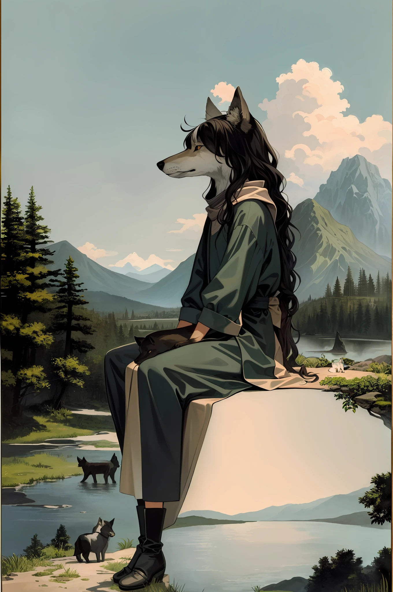 best quality, mountainous horizon, river, the tower tarot card, dog, wolf, androgynous man with long black curly hair