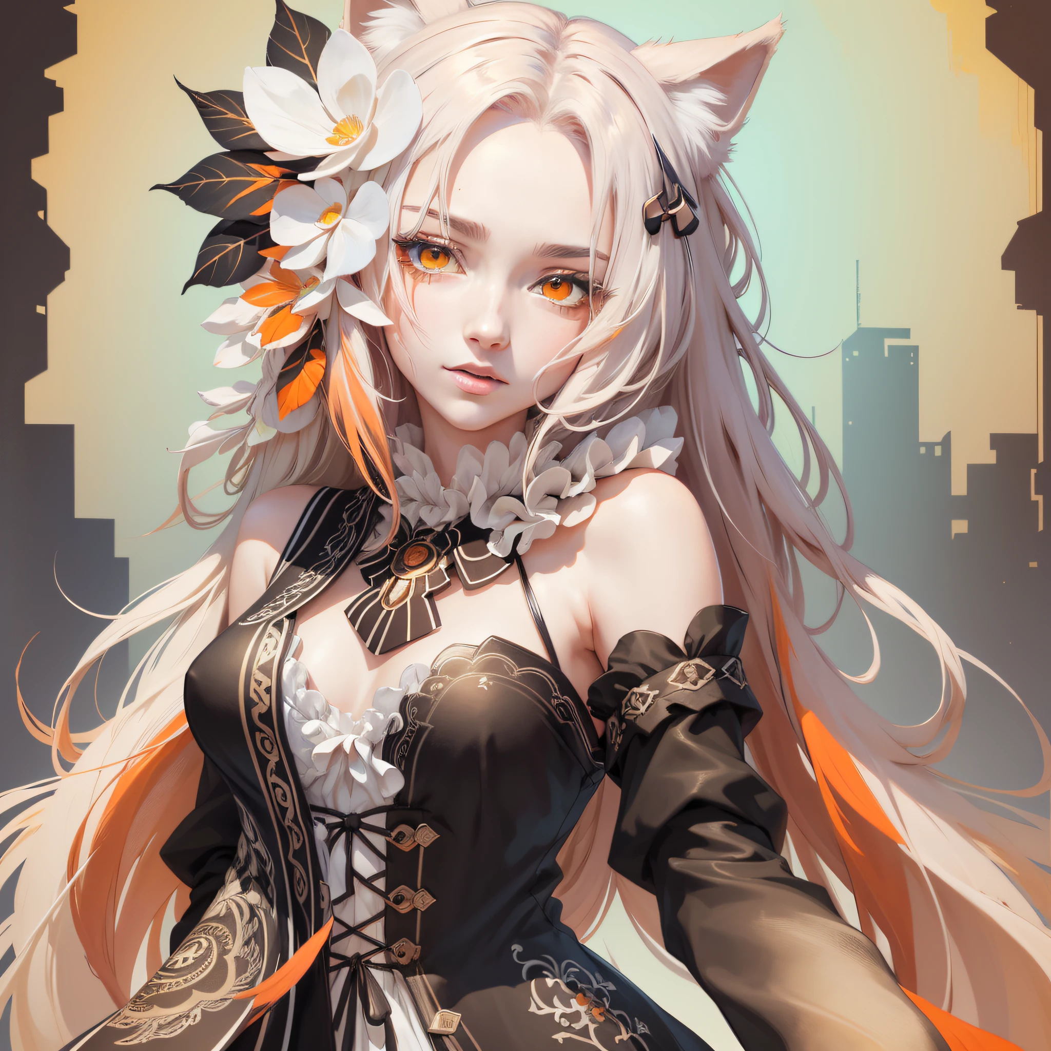 Masterpiece, best quality, {best quality}, {{masterpiece}}, {highres}, drawing, 2d digital drawing, anime, 1girl, anime girl, adult, exotic, long hair, colored hair, heterochromia, colors, colorful, orange sky, fox --auto --s2
