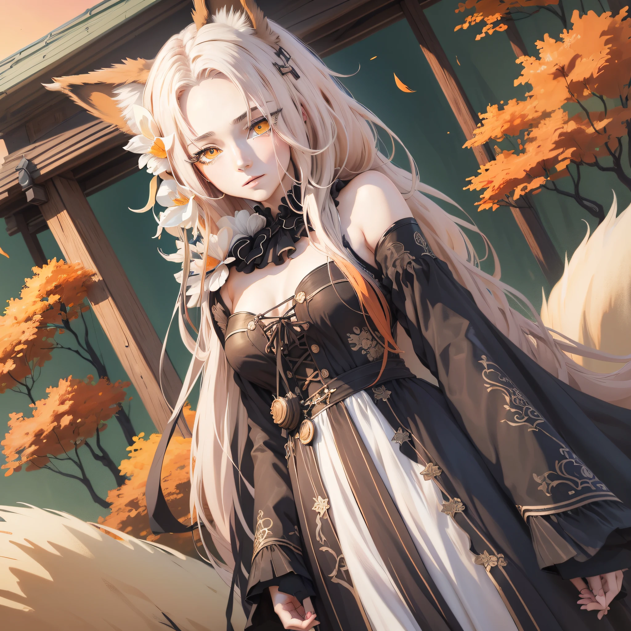 Masterpiece, best quality, {best quality}, {{masterpiece}}, {highres}, drawing, 2d digital drawing, anime, 1girl, anime girl, adult, exotic, long hair, colored hair, heterochromia, colors, colorful, orange sky, fox --auto --s2