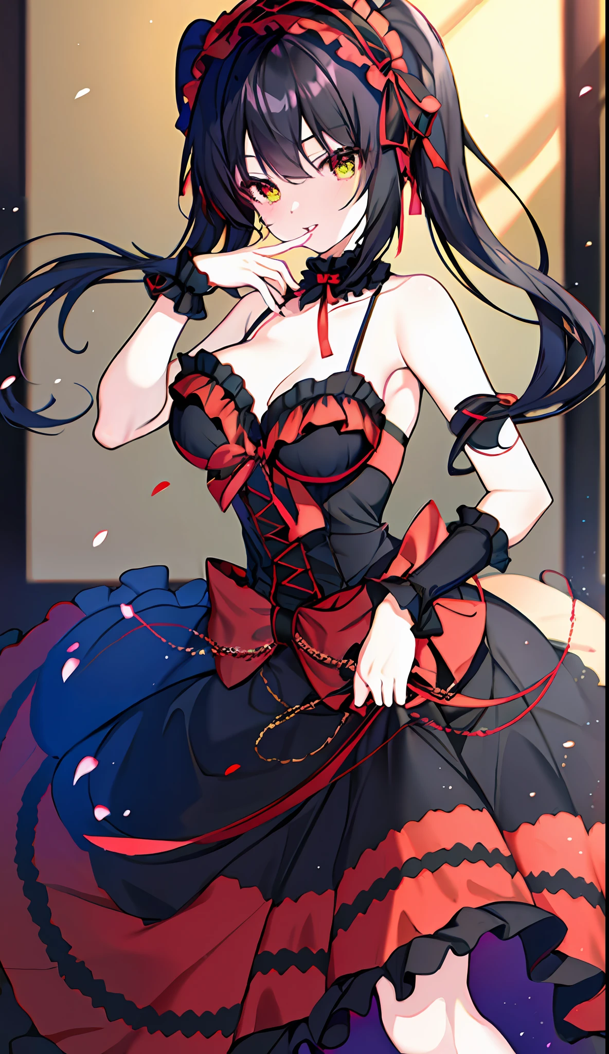 18 year old beautiful girl, masterpiece, top quality, 8K anime, 1 girl, detailed fingers, precise fingers, not unnatural hands, odd eyes, black hair twin tails, kurumi tokizaki, large breasts,