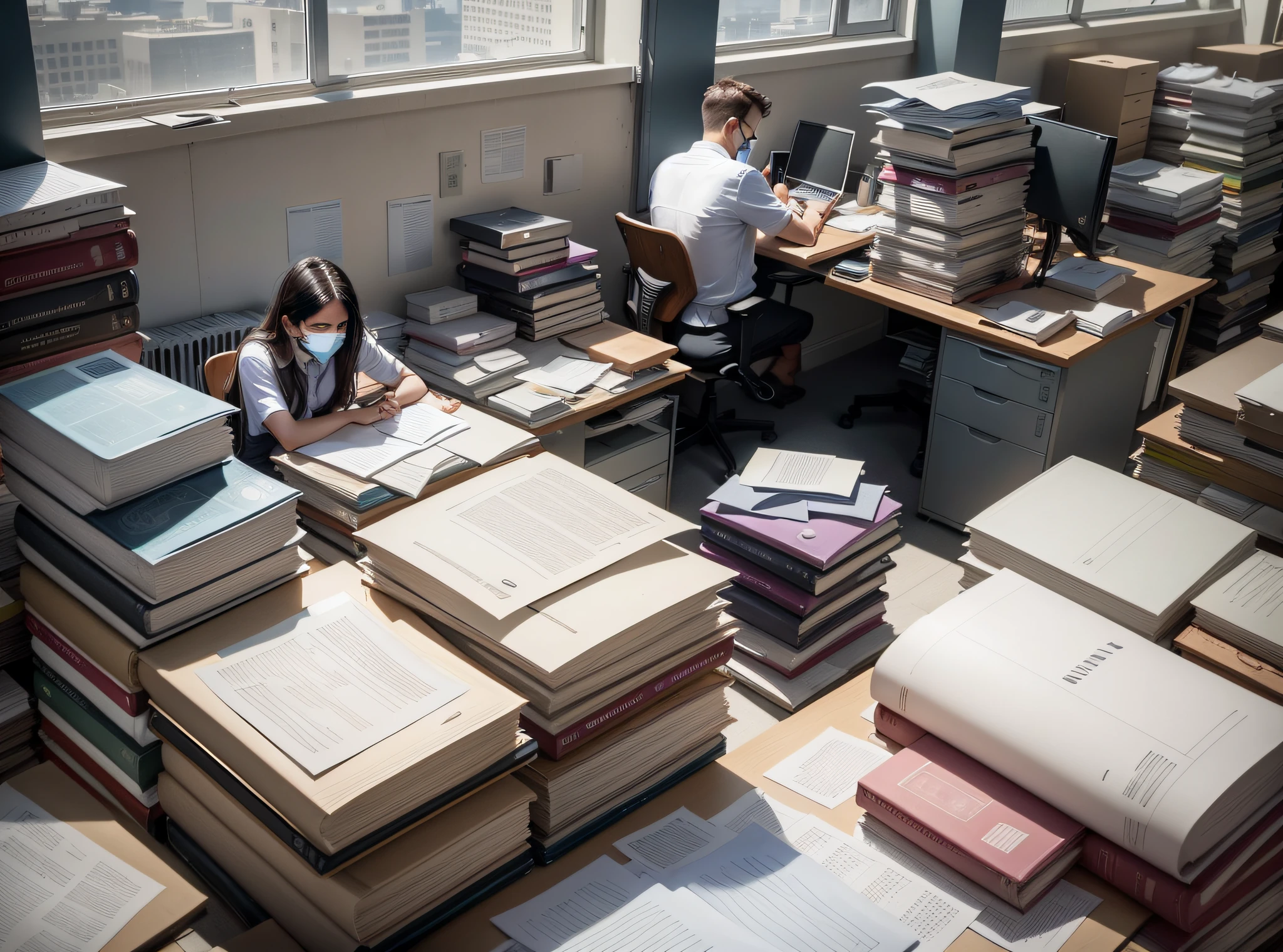 A group of people worked overtime in the office, both men and women, one of them in a white shirt and a lot of papers piled up on the desk