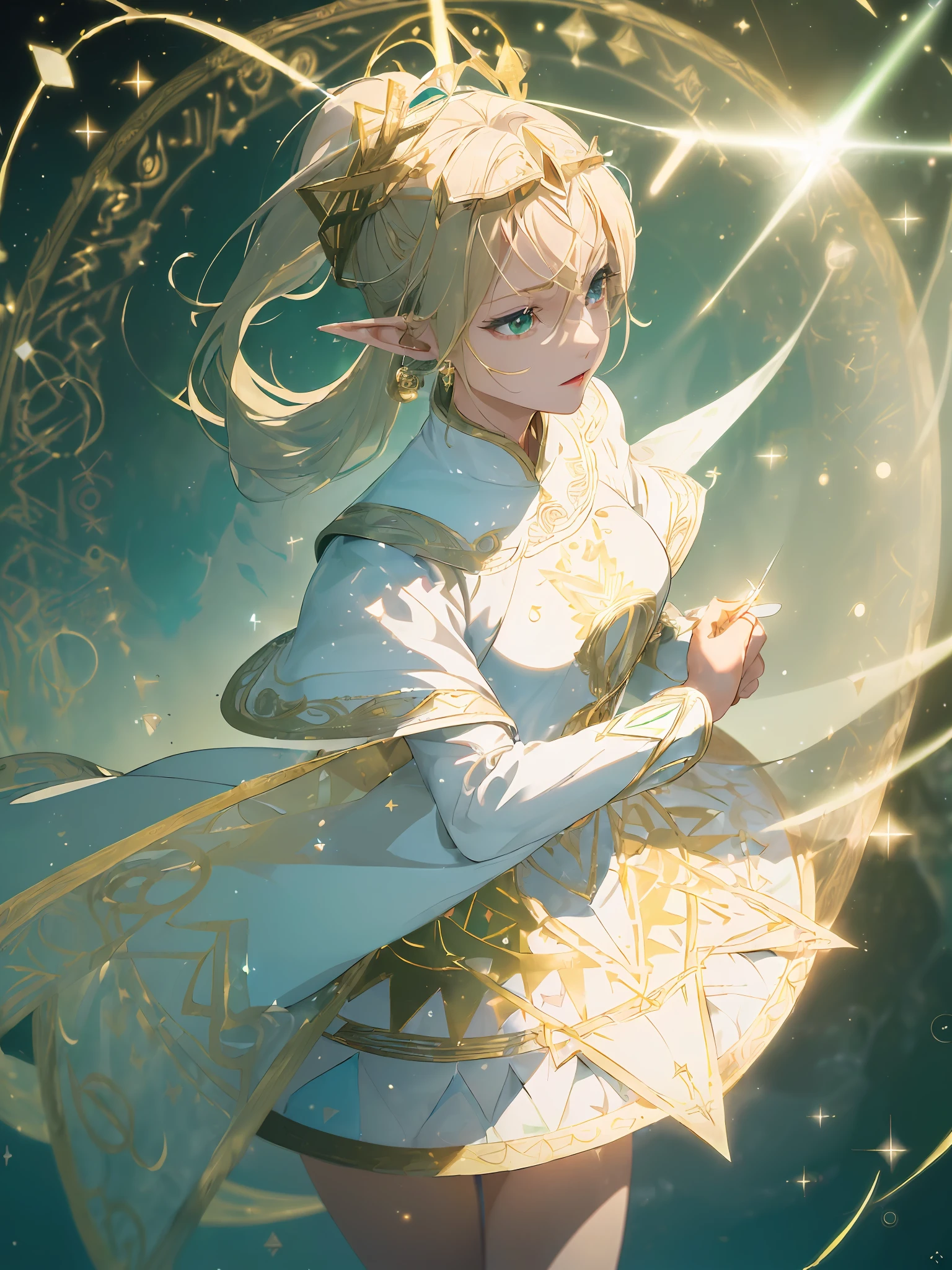 (((Masterpiece, Best Quality, High Definition, High Detail)))), ((((Fantasy)))), One, (Elf Woman)))), (White Short Skirt with Gold Embroidery), (Blonde Long Straight Ponytail), (Glossy Dark Green Eyes), (Green Cloak Armor with Golden Embroidery), (Green Gauntlet with Golden Embroidery), Big, Tilting Your Neck, (Strong Wind), ((Chanting with Close Eyes)), ( A lot of glowing particles are flying), ((((Vortex of light gathers in the hand))), ((((Circle of light with geometric patterns and letters drawn with light overhead)))