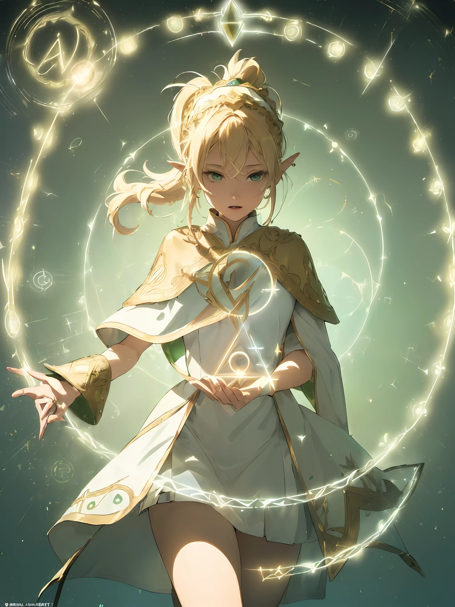 (((Masterpiece, Best Quality, High Definition, High Detail)))), ((((Fantasy)))), One, (Elf Woman)))), (White Short Skirt with Gold Embroidery), (Blonde Long Straight Ponytail), (Glossy Dark Green Eyes), (Green Cloak Armor with Golden Embroidery), (Green Gauntlet with Golden Embroidery), Big, Tilting Your Neck, (Strong Wind), ((Chanting with Close Eyes)), ( A lot of glowing particles are flying), ((((Vortex of light gathers in the hand))), ((((Circle of light with geometric patterns and letters drawn with light overhead)))
