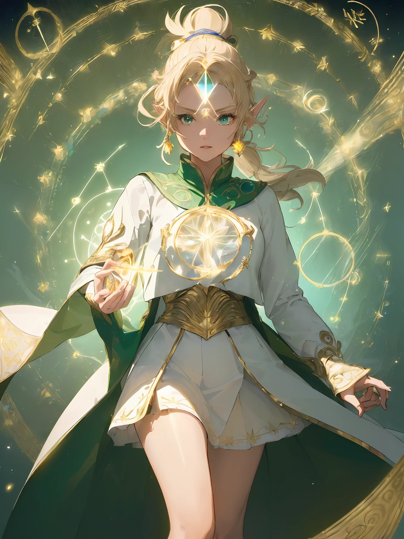 (((Masterpiece, Best Quality, High Definition, High Detail)))), ((((Fantasy)))), One, (Elf Woman)))), (White Short Skirt with Gold Embroidery), (Blonde Long Straight Ponytail), (Glossy Dark Green Eyes), (Green Cloak Armor with Golden Embroidery), (Green Gauntlet with Golden Embroidery), Big, Tilting Your Neck, (Strong Wind), ((Chanting with Close Eyes)), ( A lot of glowing particles are flying), ((((Vortex of light gathers in the hand))), ((((Circle of light with geometric patterns and letters drawn with light overhead)))