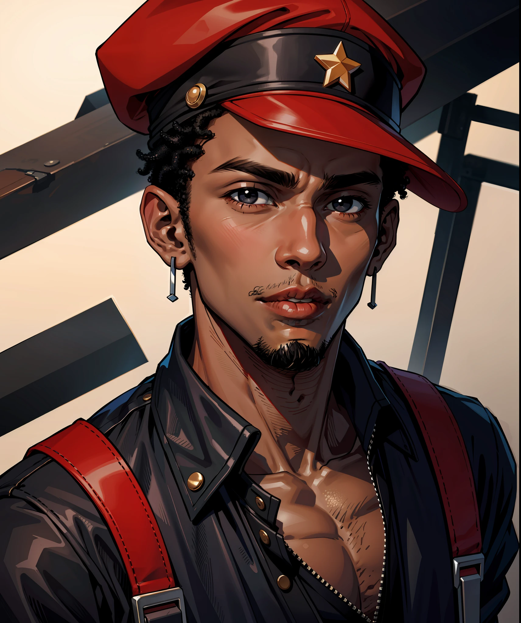 portrait, 23-year-old Dominican boy, future clothes, black eyes, black skin, red cap, seductive look