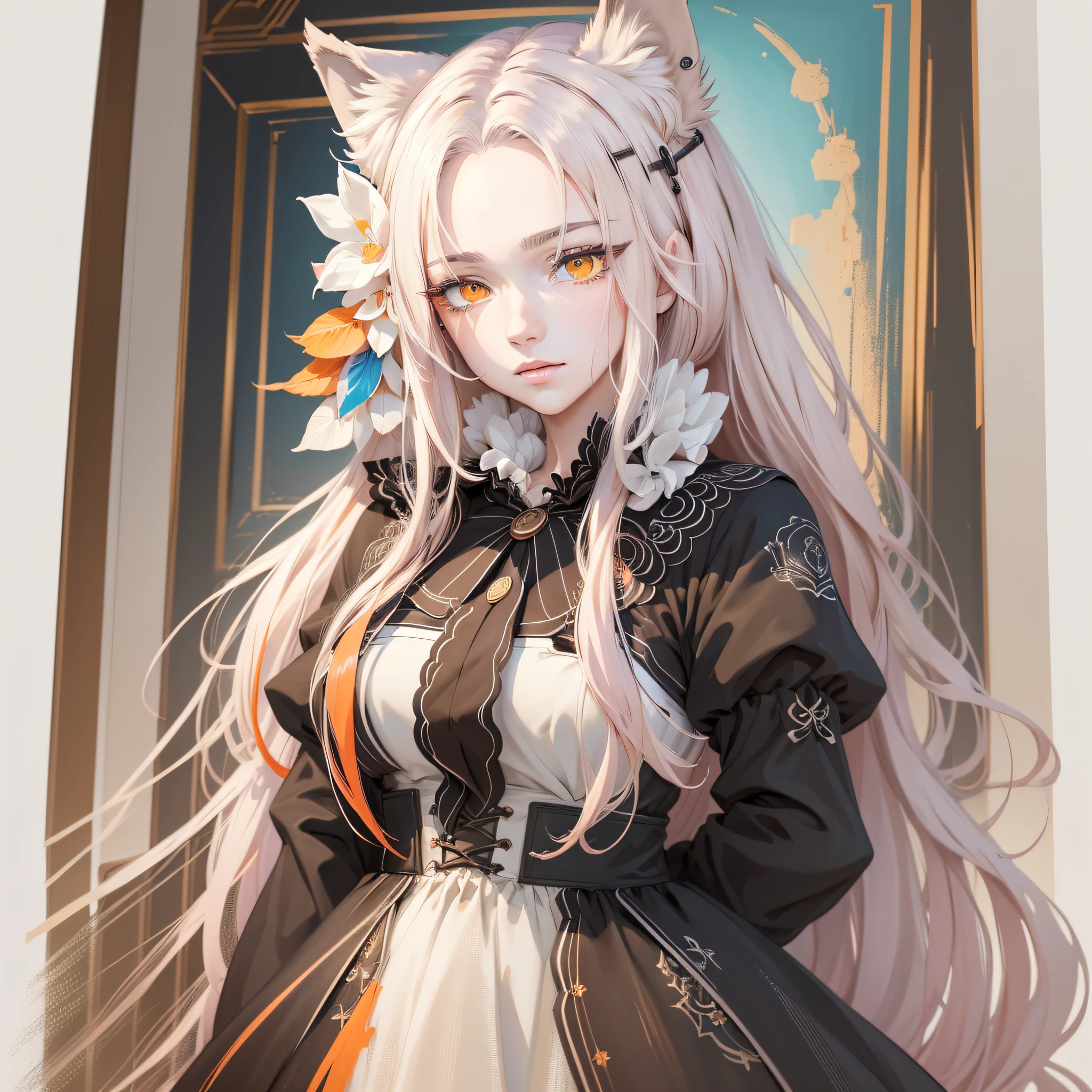 Masterpiece, best quality, {best quality}, {{masterpiece}}, {highres}, drawing, 2d digital drawing, anime, 1girl, anime girl, adult, exotic, long hair, colored hair, heterochromia, colors, colorful, orange sky, wolves --auto --s2
