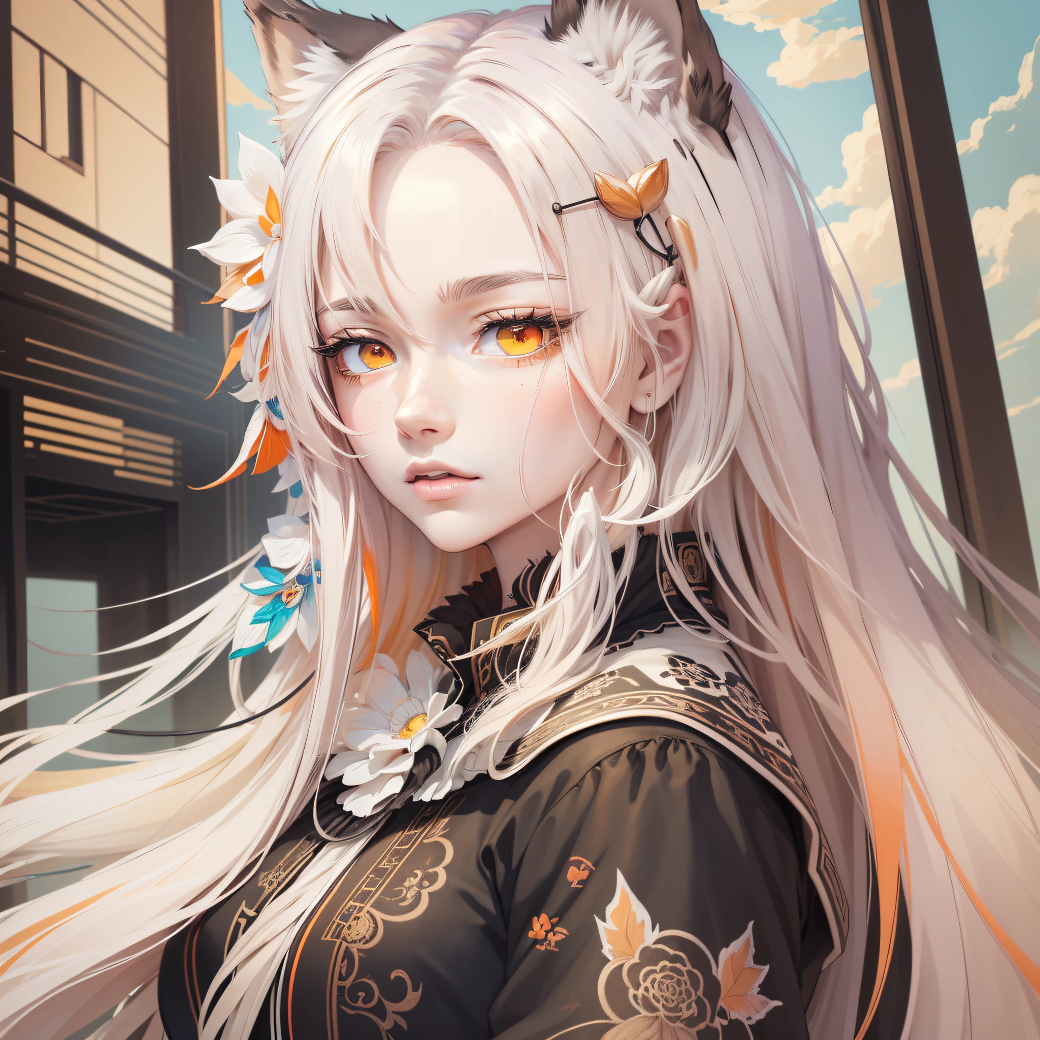 Masterpiece, best quality, {best quality}, {{masterpiece}}, {highres}, drawing, 2d digital drawing, anime, 1girl, anime girl, adult, exotic, long hair, colored hair, heterochromia, colors, colorful, orange sky, wolves --auto --s2