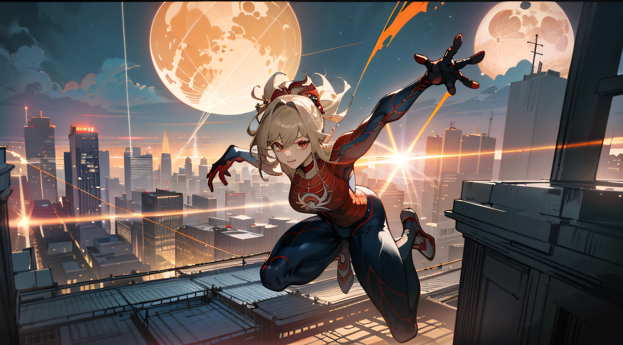 (Masterpiece, 4K resolution, ultra-realistic, very detailed), (White superhero theme, glamorous, there's a girl at the top of town, wearing a Spider-Man costume, she's a superhero,[((25 years old), full body, ((Spider-Man pose), show strength, jump from building to building), ((sandy urban environment): 0.8)|(cityscape, night, dynamic lights), (full moon))]] # Note: The prompt mainly describes ultra-high-definition 4K paintings, which are very realistic and very detailed. It shows a superheroine at the top of the city, dressed in a Spider-Man costume. The subject of the painting is a white superhero theme, he is 25 years old and his entire figure is shown in the painting. In depicting the behavior of superheroes, spiders are used,