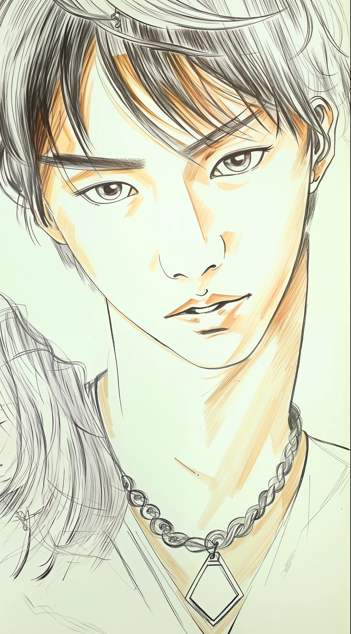 drawing of a young man with a necklace and a necklace, inspired by Bian Shoumin, manga style of kentaro miura, realistic. cheng yi, inspired by Zhang Han, inspired by Huang Gongwang, by Ni Zan, inspired by Ikuo Hirayama, inspired by Manabu Mabe, inspired by Kim Hwan-gi, portrait of kpop idol