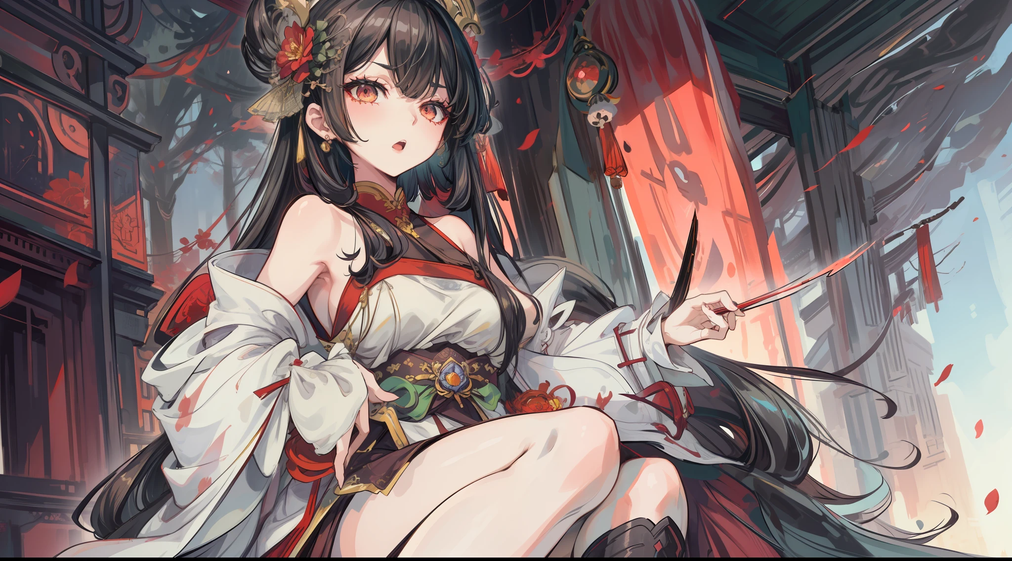 ((High resolution)), (Open Mouth), (Bust), (Top Quality), ((Super Fine)) (Super Fine CG)), ((8k_wallpaper)), Dynamic Angle, Floating, (Eyes with Beautiful Details), Very Delicate and Beautiful Girl, Upper Body, Ink Painting, (Chinese Style), Dark Eyes, Burning, Detail Light. from_low, (Black hair), (Red Spider) lily: 1.33), aqua eye, (Flower): 1.3), single, Starry Sky, hairornament, earring, jewelry, Messy hair, Bare shoulders, Half-closed eyes, (Male), (Hanfu: 1.3), (Medium breasts): 1.2), (Eye shadow.), Red eyeliner: 1.15), (Eye shadow.), Red eyeliner: 1.15), (Eye shadow.), Red eyeliner: 1.15), (Visible eyes through hair: 1.2), (Solo exhibition), red moon, gossip, Full Body, Cross your legs, sitting,, Bloom, bloom