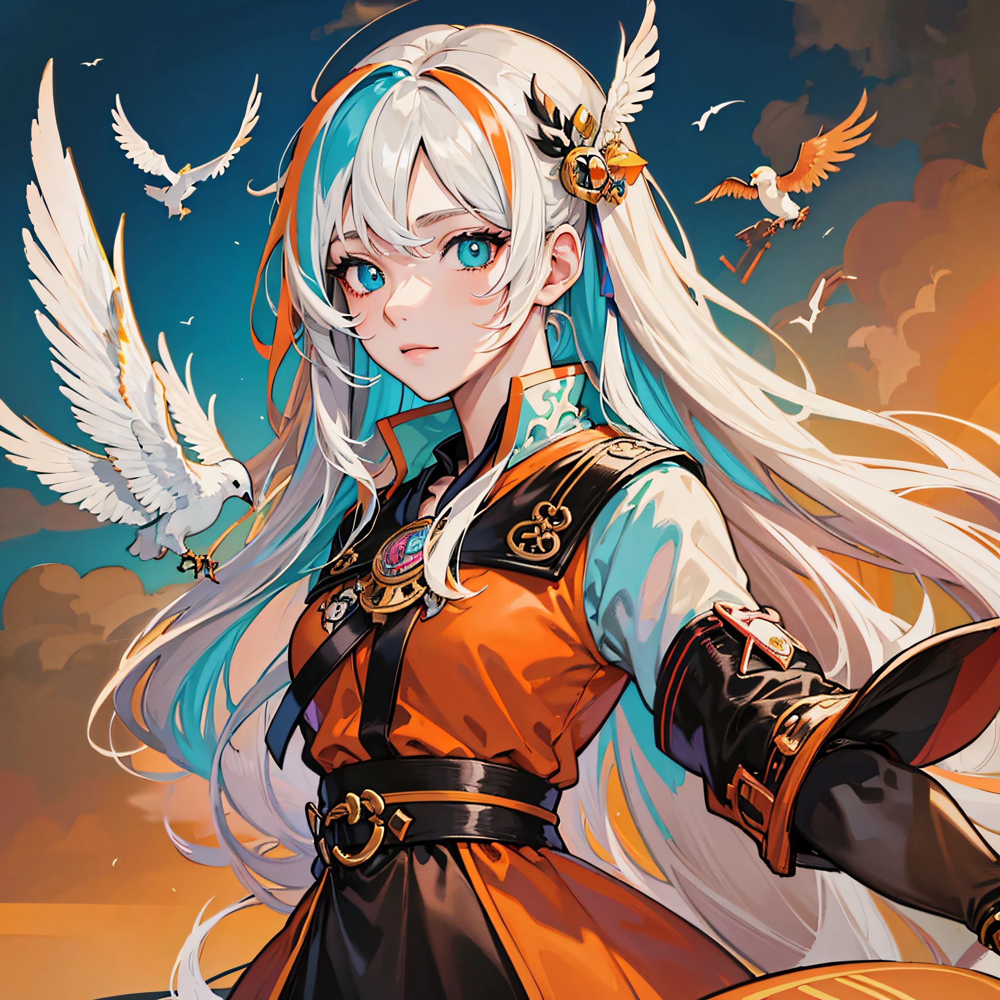 Masterpiece, best quality, {best quality}, {{masterpiece}}, {highres}, drawing, 2d digital drawing, anime, 1girl, anime girl, adult, exotic, long hair, colored hair, heterochromia, colors, colorful, orange sky, birds --auto --s2