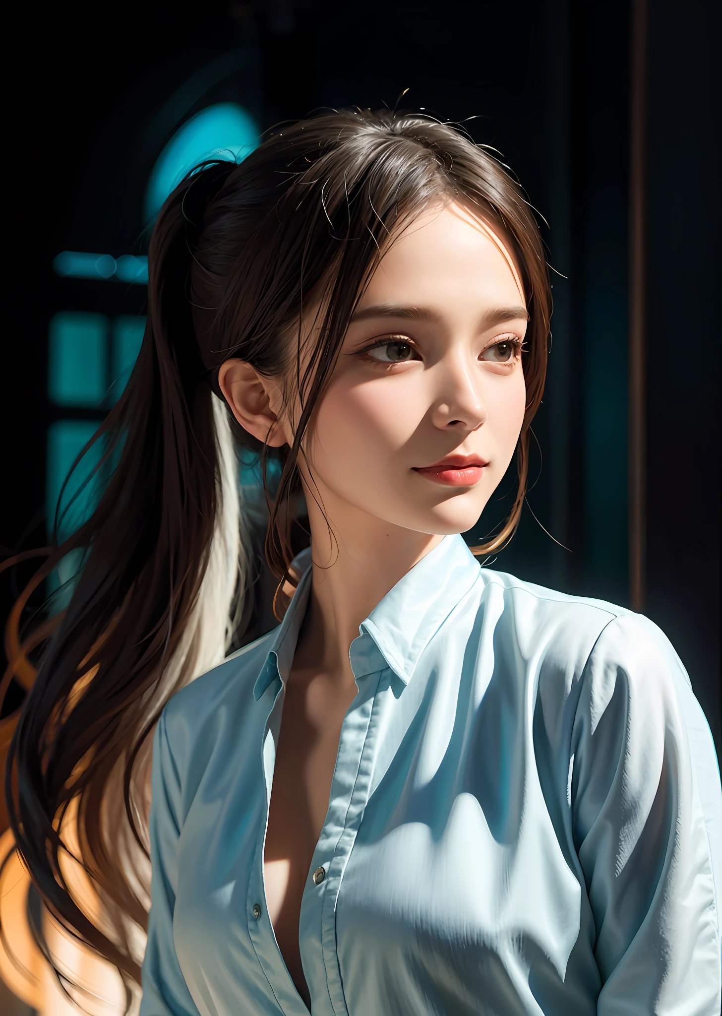Surrealist female portraits by David Hockney and Alphonse Mucha, fantasy art, photorealism, dynamic lighting, artstation, poster, volumetric lighting, very detailed faces, 4k, award-winning, 1girl, in the dark, deep shadows, understated, single ponytail, charming smile, casual wear, (formalwear: 1.4), long single ponytail