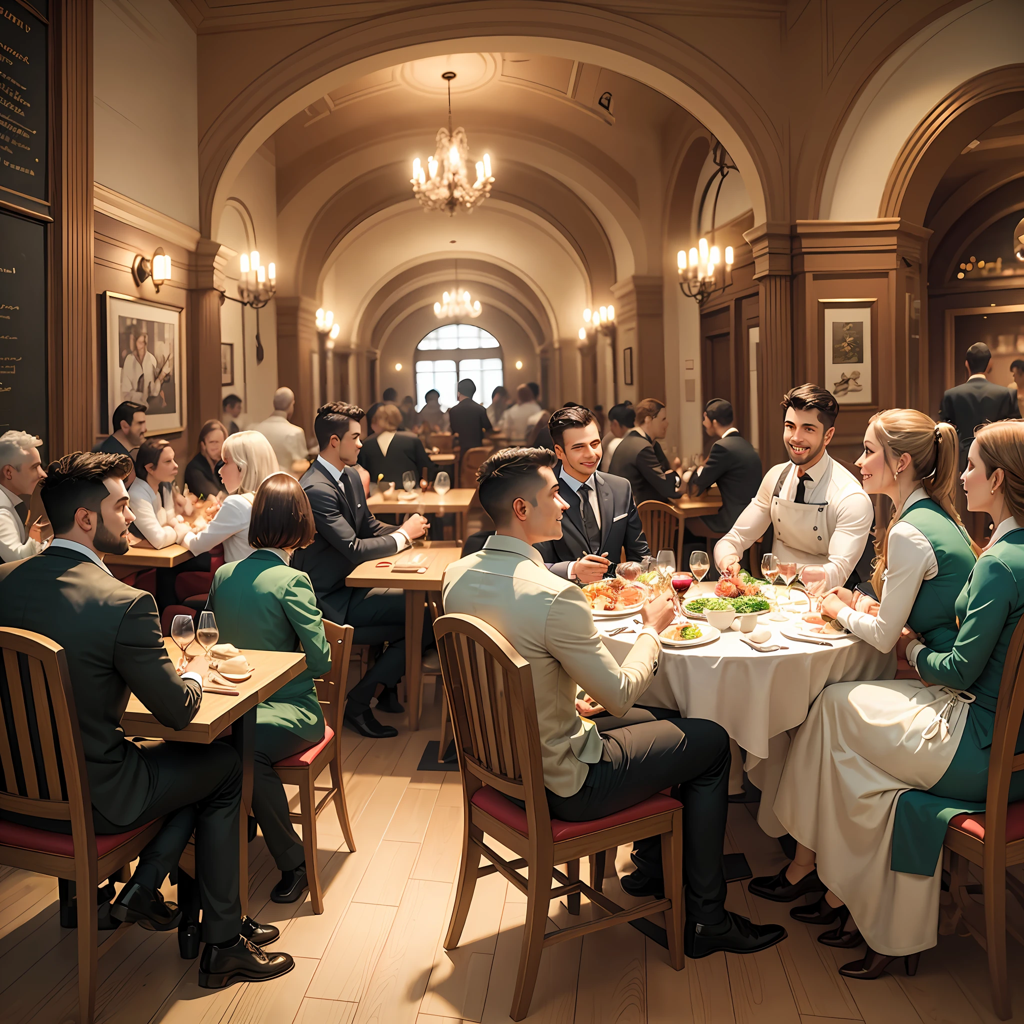 Restaurant with people sitting in it being served food, wine and fruit, people are chatting, smiling, waiters are walking around the hall, and the chef is serving guests;