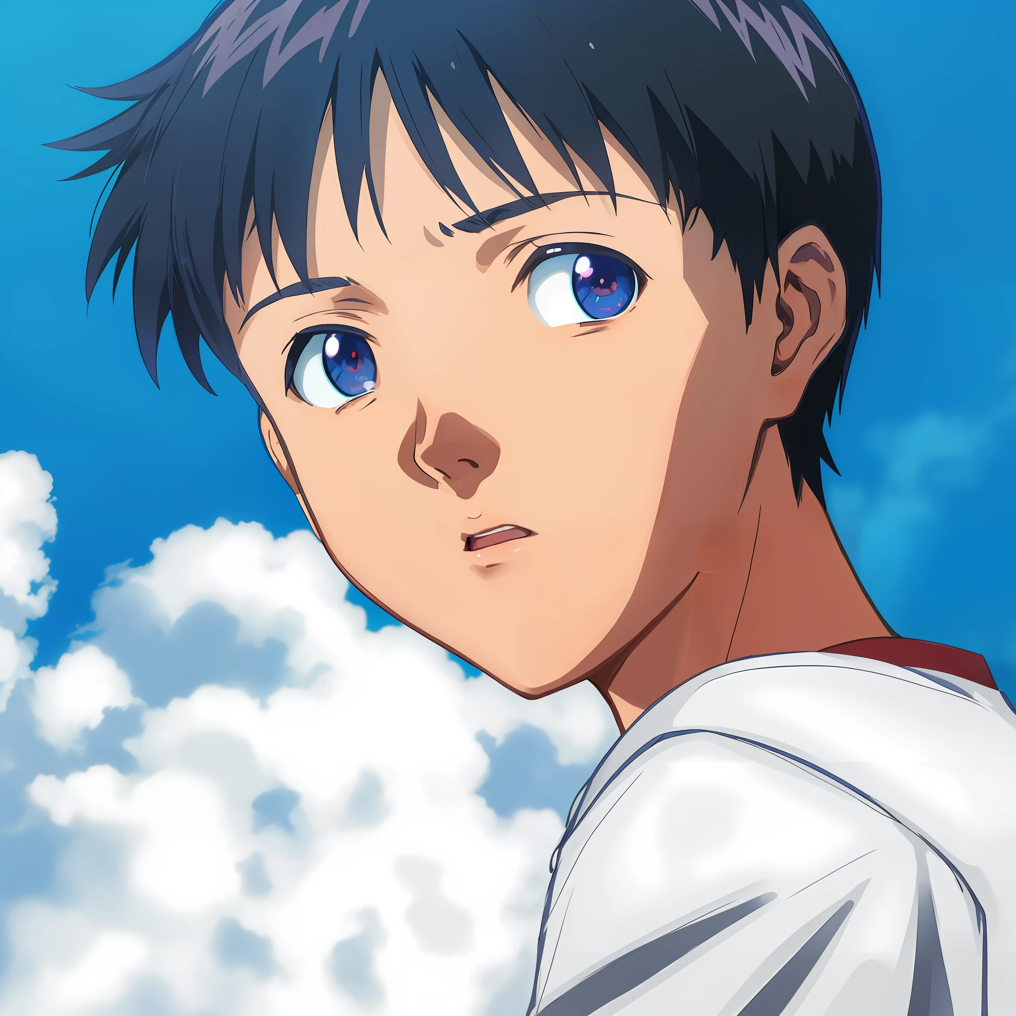 anime boy with short hair and blue eyes looking at the camera, shinji, shinji ikari, from evangelion, in the anime film, close up of lain iwakura, today's featured anime still, shuushuu anime image, anime cgi style, still from tv anime, anime movie screenshot, in a anime masterpiece, kentaro miura!