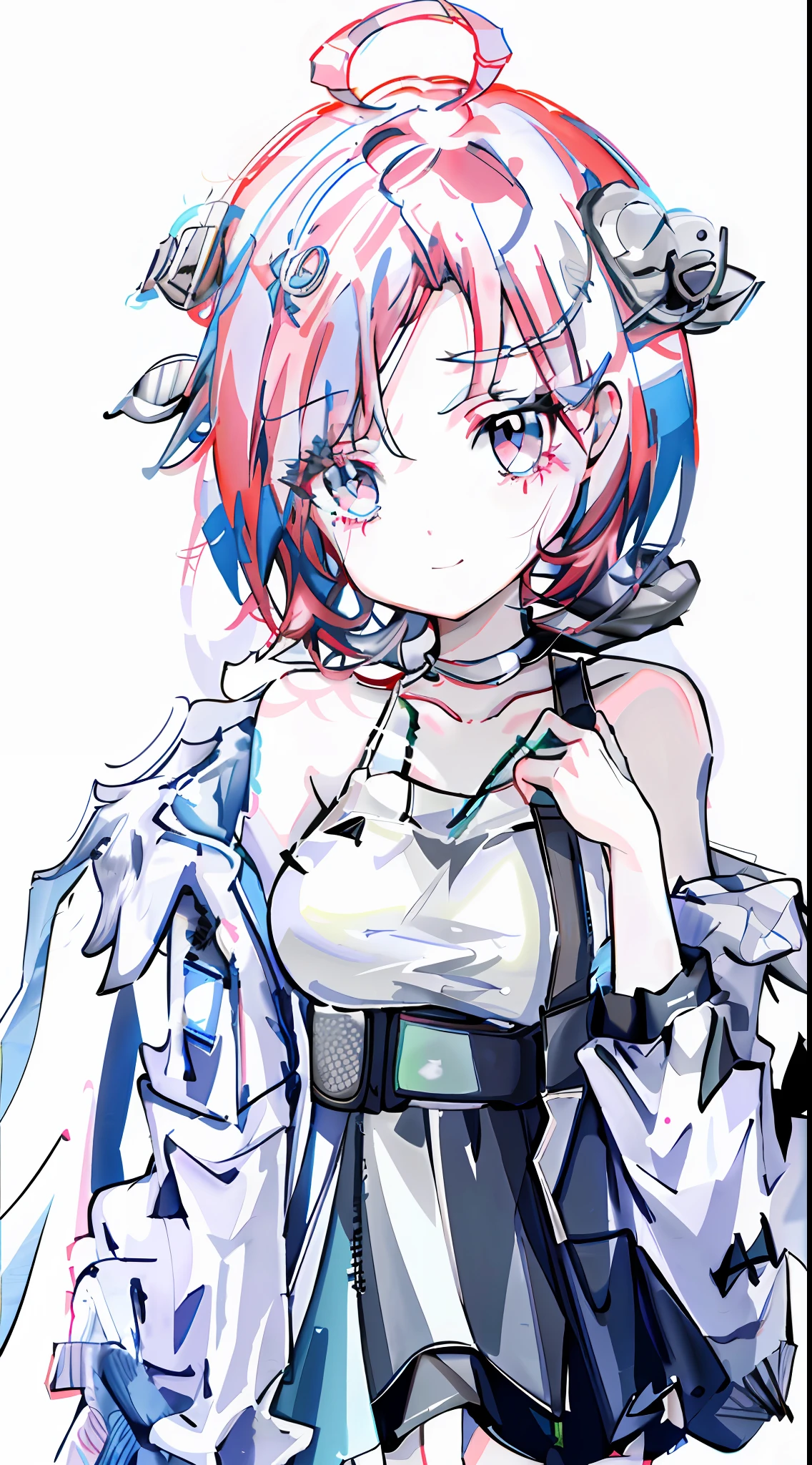 masterpiece, highres, 1girl, goddess of victory: nikke, pepper_(nikke),  ペッパー(勝利の女神_NIKKE), beautiful face, detailed face, pink hair, bangs, headphones, gloves, blue neckerchief,  sweater, thighs, blush, smile,  , full body,  shoulders, eyebrows visible through hair, headgear, long hair, looking at viewer, sweater dress, vest, standing