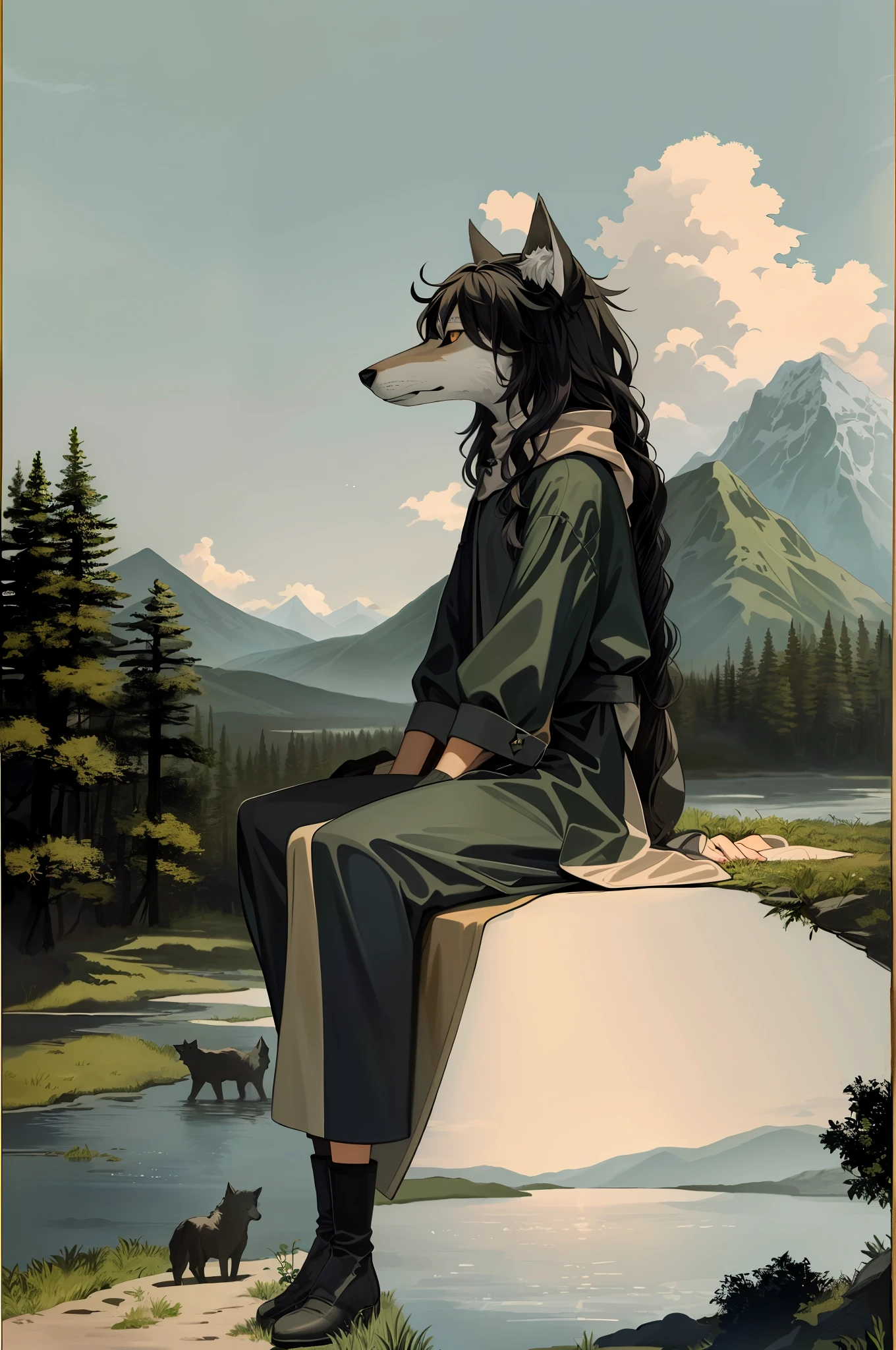 best quality, mountainous horizon, river, the tower tarot card, wolf, tomboy with long black curly messy hair, furry