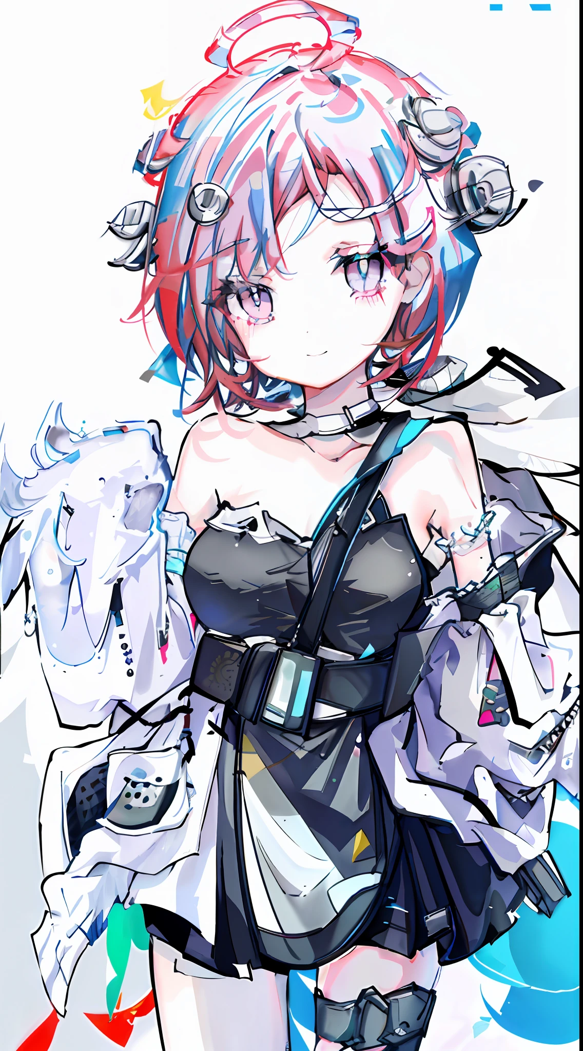 masterpiece, highres, 1girl, goddess of victory: nikke, pepper_(nikke),  ペッパー(勝利の女神_NIKKE), beautiful face, detailed face, pink hair, bangs, headphones, gloves, blue neckerchief,  sweater, thighs, blush, smile,  large breasts, full body, bare shoulders, eyebrows visible through hair, headgear, long hair, looking at viewer, sweater dress, vest, standing