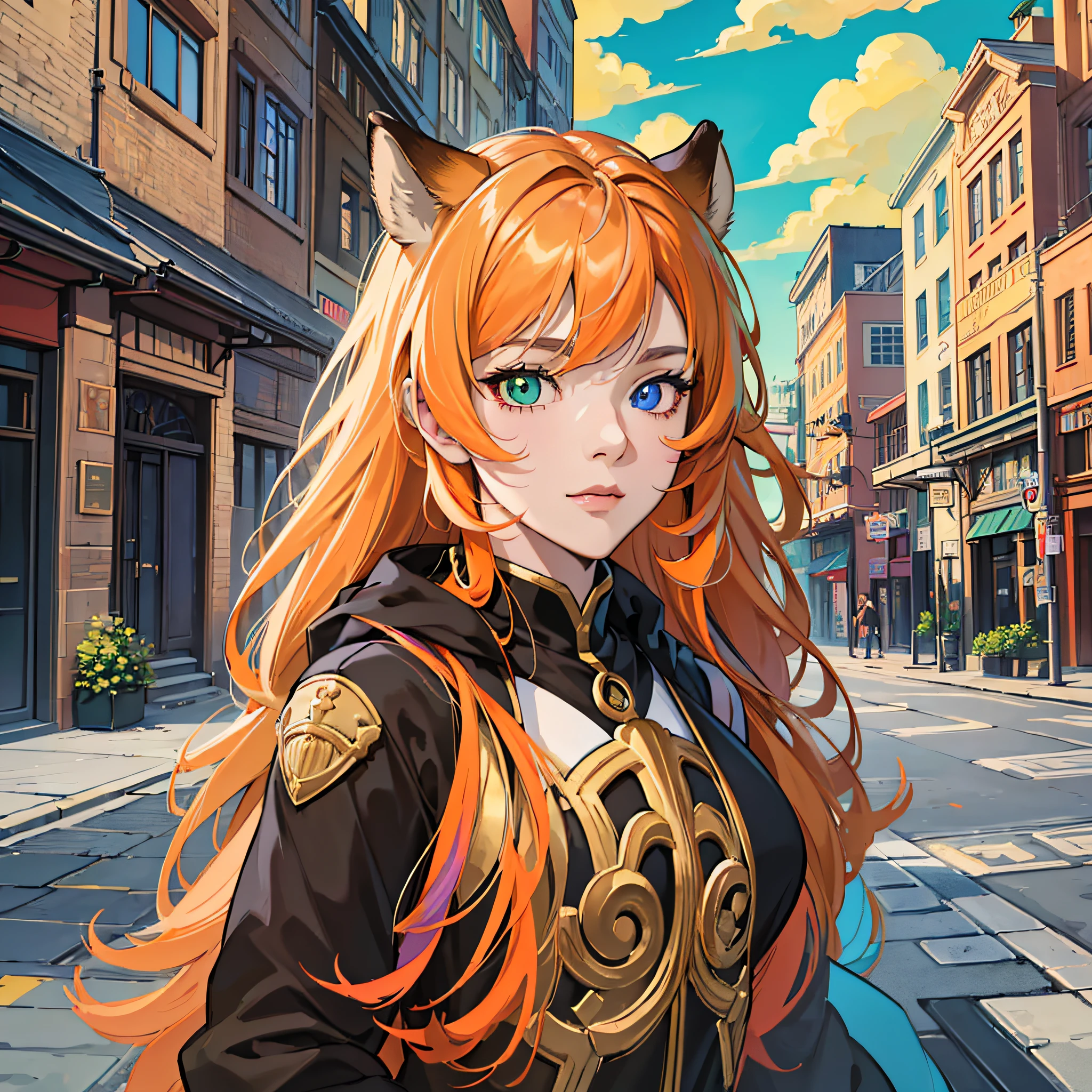 Masterpiece, best quality, {best quality}, {{masterpiece}}, {highres}, drawing, 2d digital drawing, anime, 1girl, anime girl, adult, exotic, long hair, colored hair, heterochromia, colors, colorful, orange sky, capybara --auto --s2