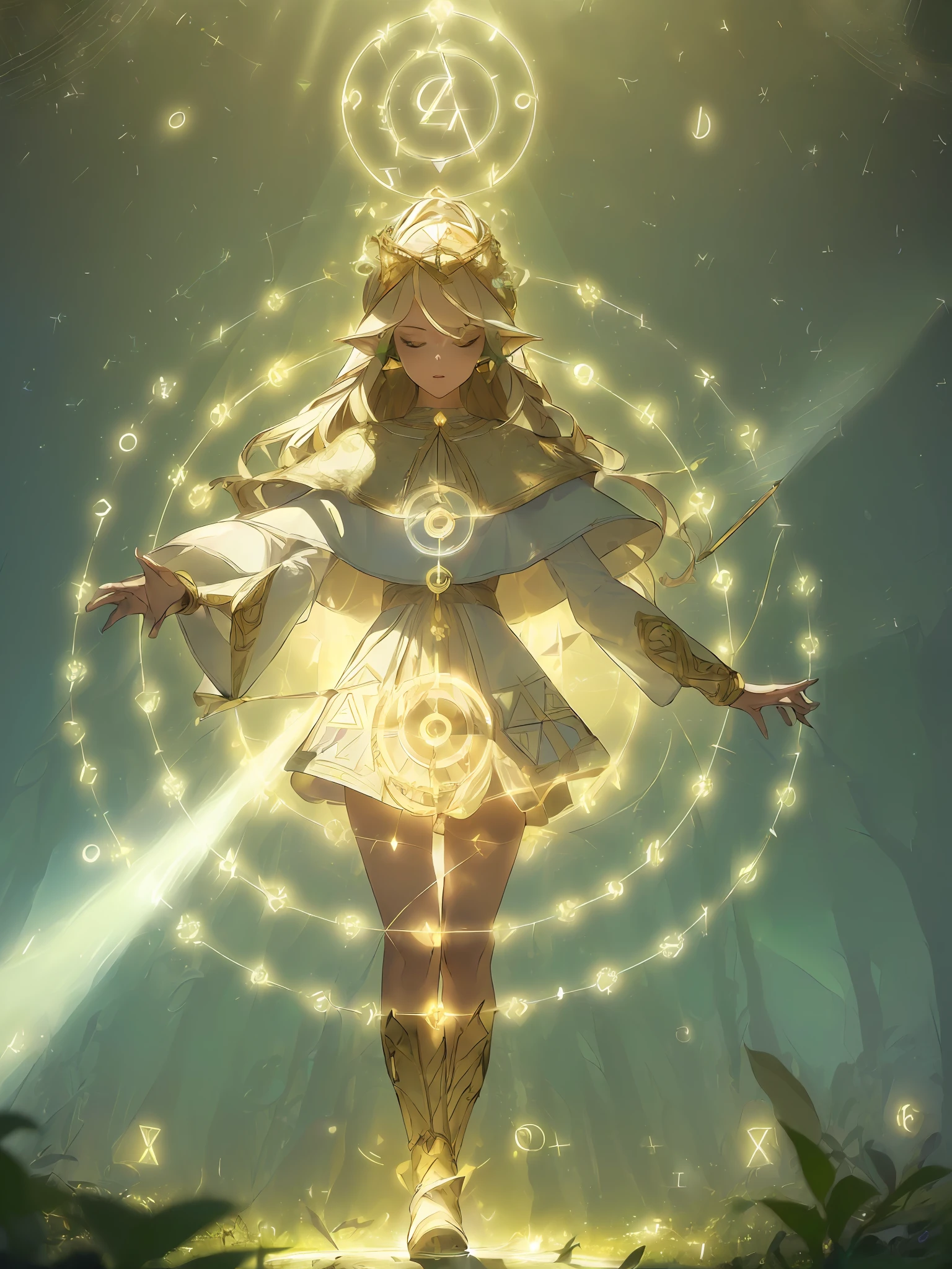 (((Masterpiece, Best Quality, High Definition, High Detail)))), ((((Fantasy)))), One, (Elf Woman)))), (White Short Skirt with Gold Embroidery), (Blonde Long Straight Hair), (Glow Dark Green Eyes), (Green Cloak Armor with Golden Embroidery), (Green Gauntlet with Golden Embroidery), Big, (Strong Wind), (Chanting with eyes closed)), ( A lot of glowing particles are flying), (((((Vortex of light gathers in the hand))), (((Circle of light with geometric patterns and letters drawn with light overhead))), forest, fight against the army of monsters